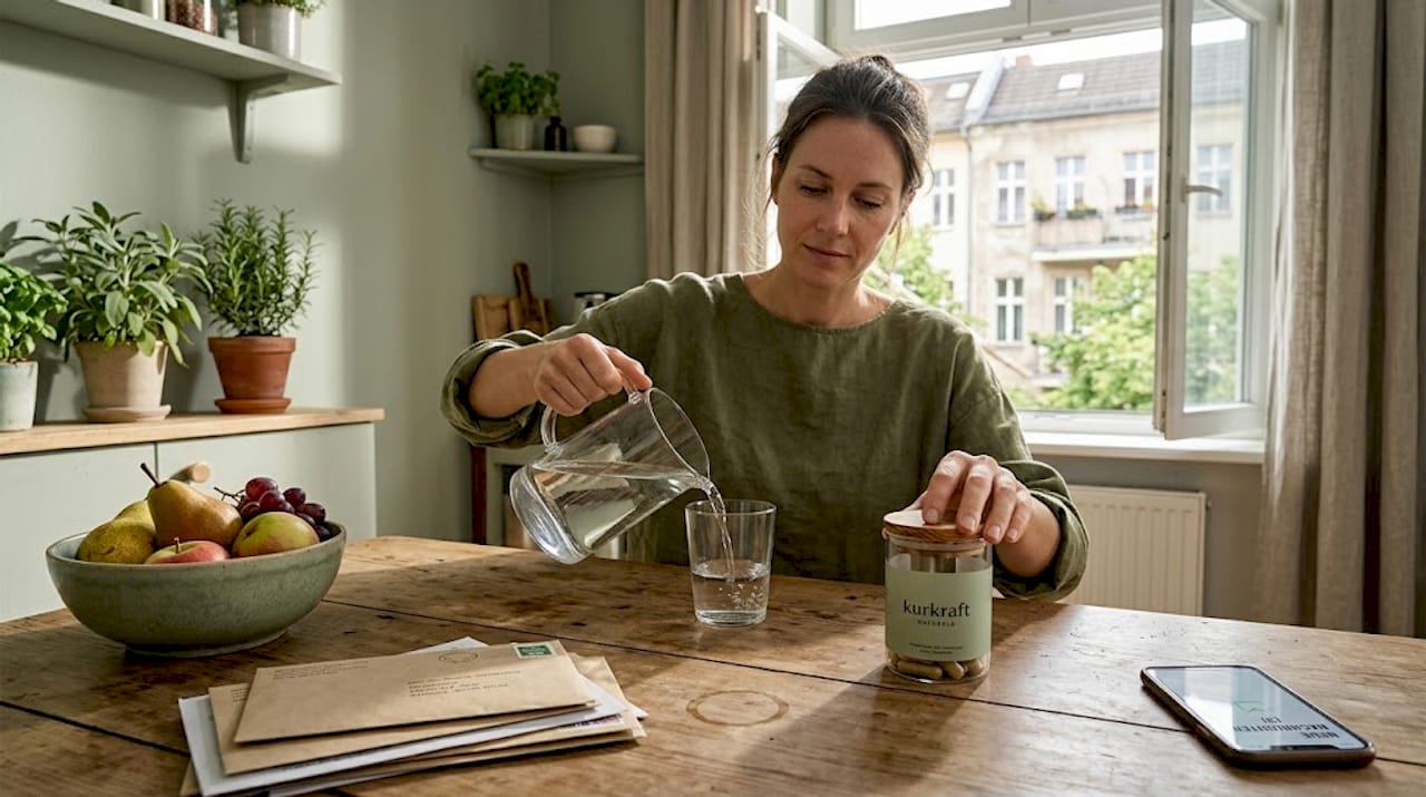 Eine Frau sitzt am Küchentisch und nimmt ihr Nahrungsergänzungsmittel ein.
