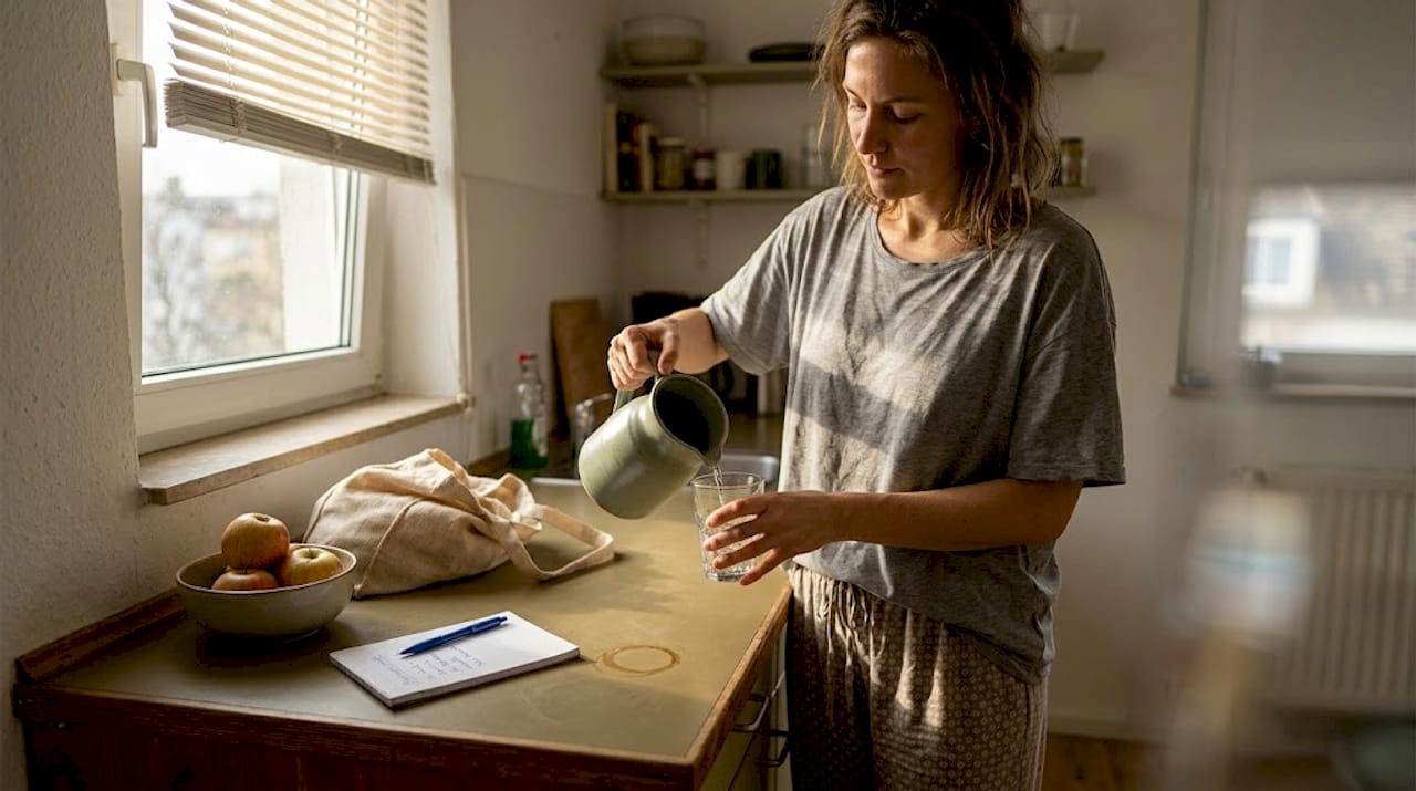 Eine Frau etabliert eine gesunde Morgenroutine in ihrer Küche.