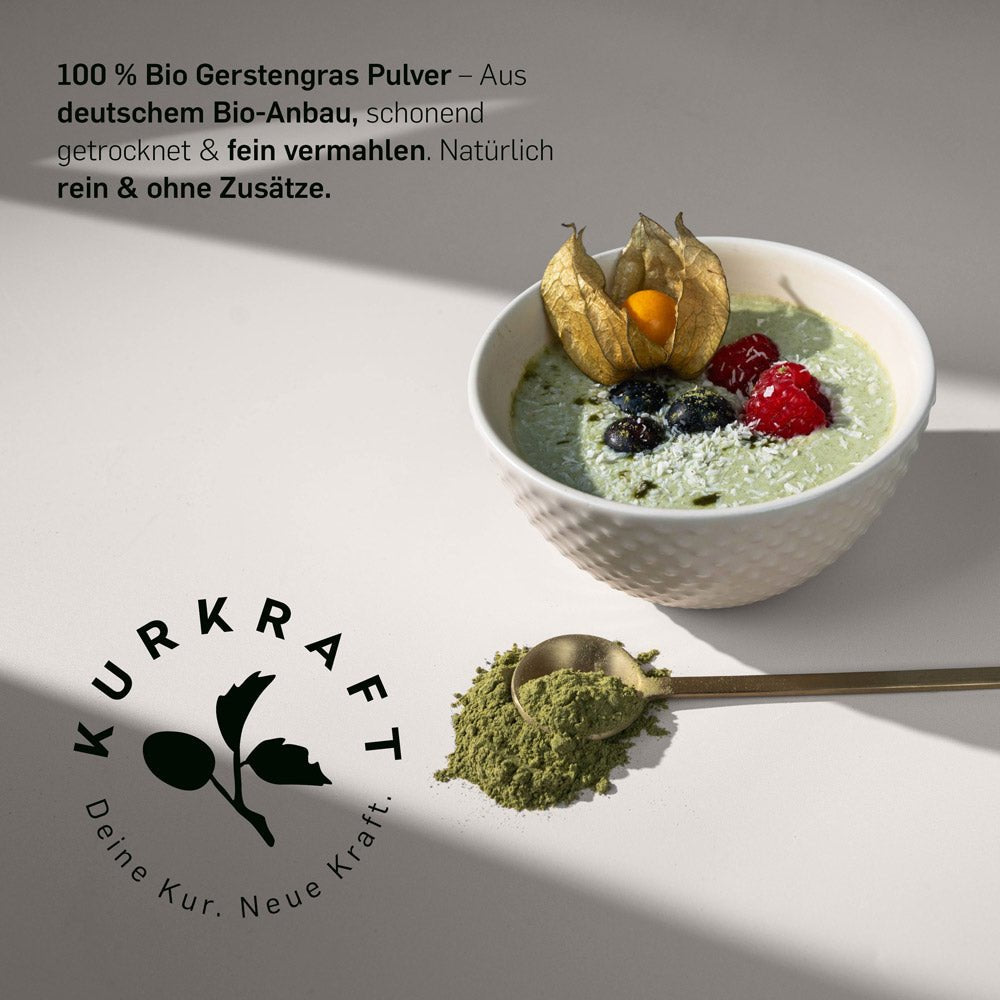 Bio Gerstengras Pulver von Kurkraft – regionales Superfood aus Deutschland in Bio-Qualität