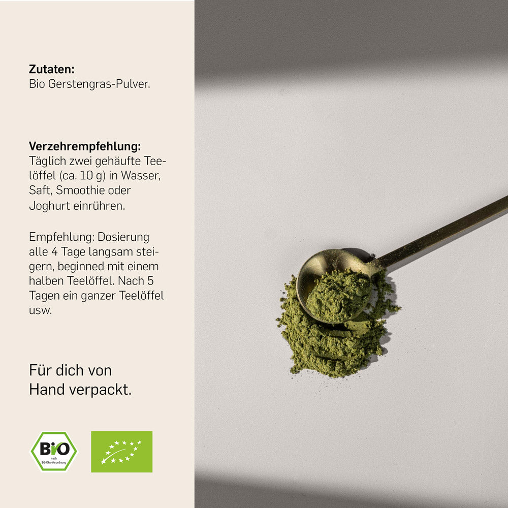 Kurkraft Bio Gerstengras Pulver Anwendung – 2 Teelöffel täglich in Smoothie, Saft oder Joghurt
