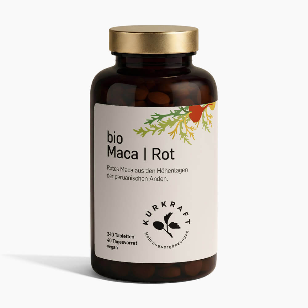 BIO MACA ROT - Kurkraft - Bio Maca Rot Kapseln – Frontansicht der Verpackung von Kurkraft