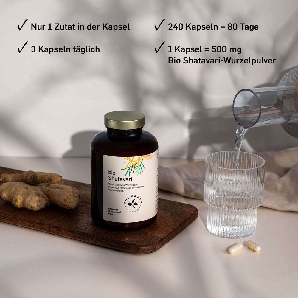 Kurkraft Bio Shatavari Dosierung – 500 mg pro Kapsel, 3 Kapseln täglich, 240 Kapseln für 80 Tage