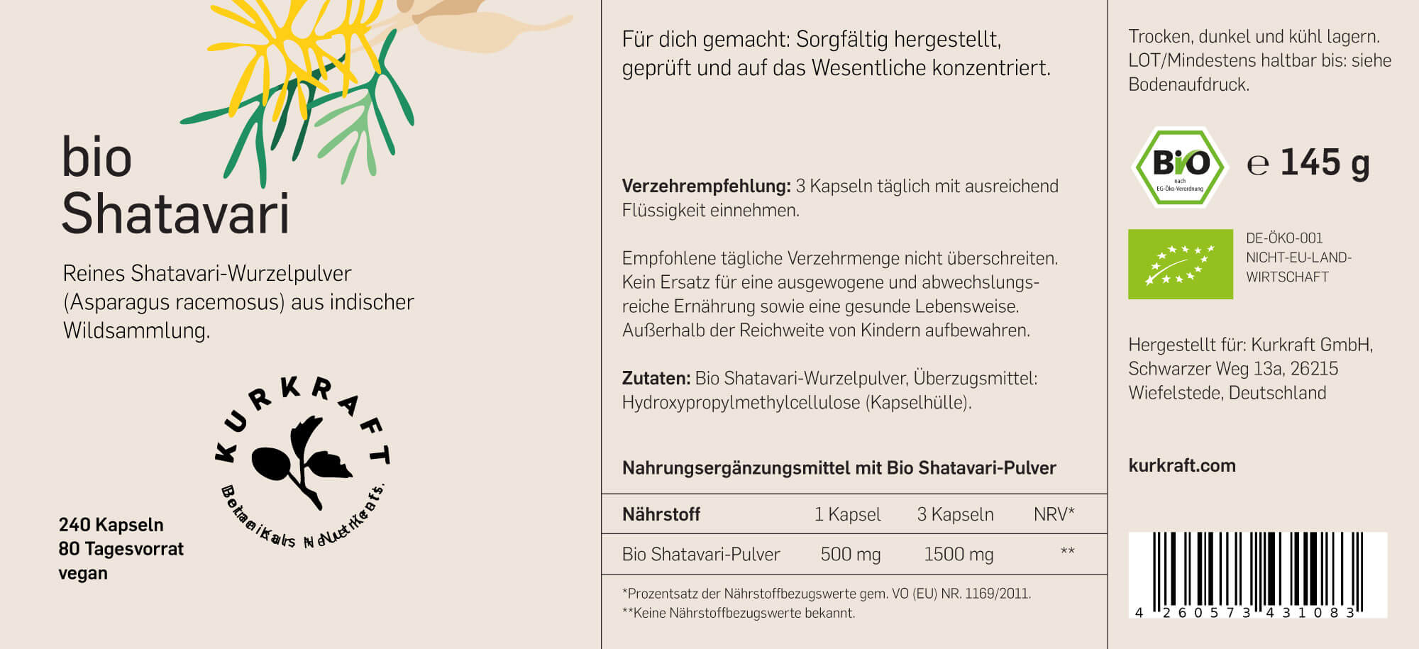 Kurkraft Bio Shatavari Etikett – Zutaten Asparagus racemosus Bio-Wurzelpulver, Verzehrempfehlung