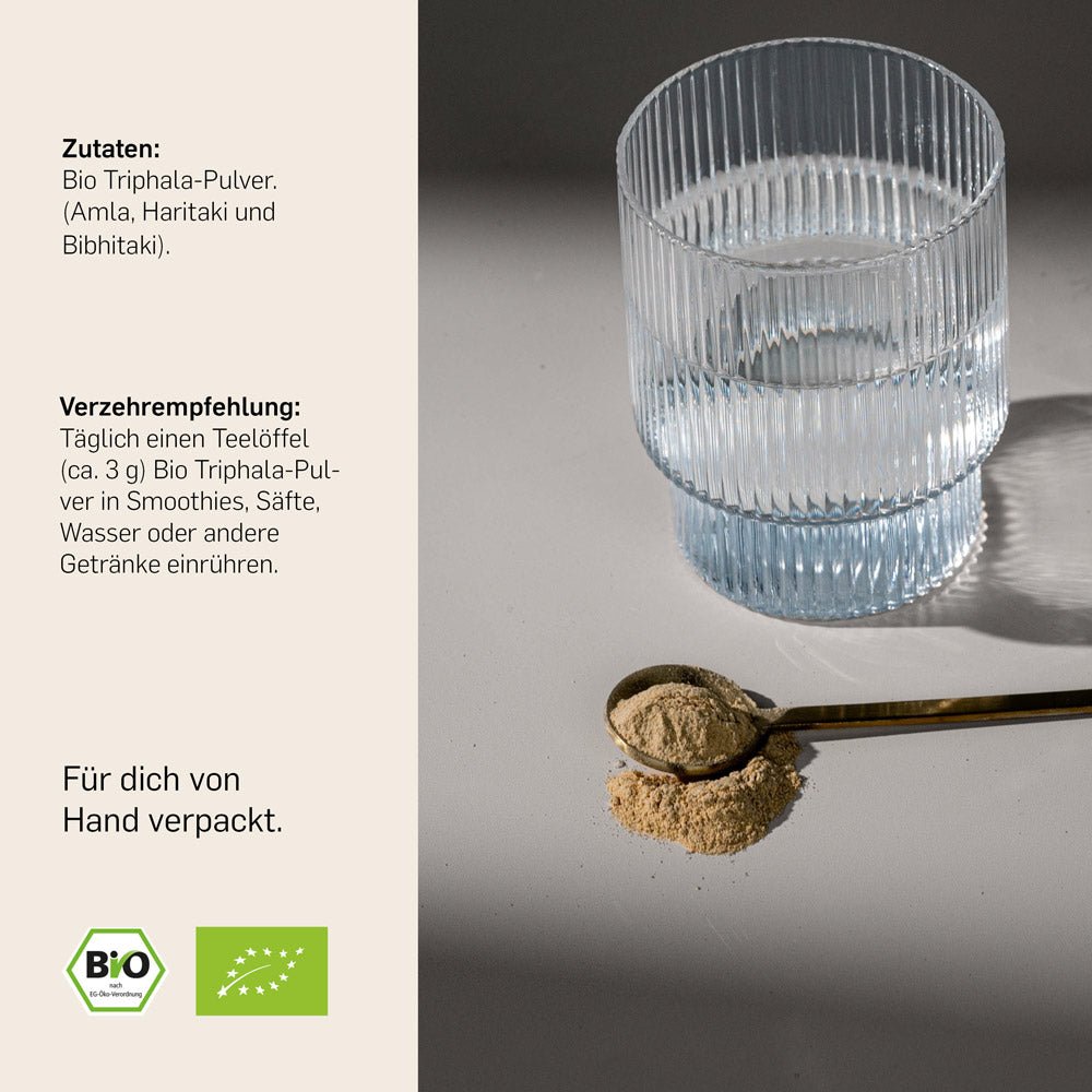 Kurkraft Bio Triphala Pulver Anwendung – 1 Teelöffel täglich in Smoothie, Wasser oder Joghurt