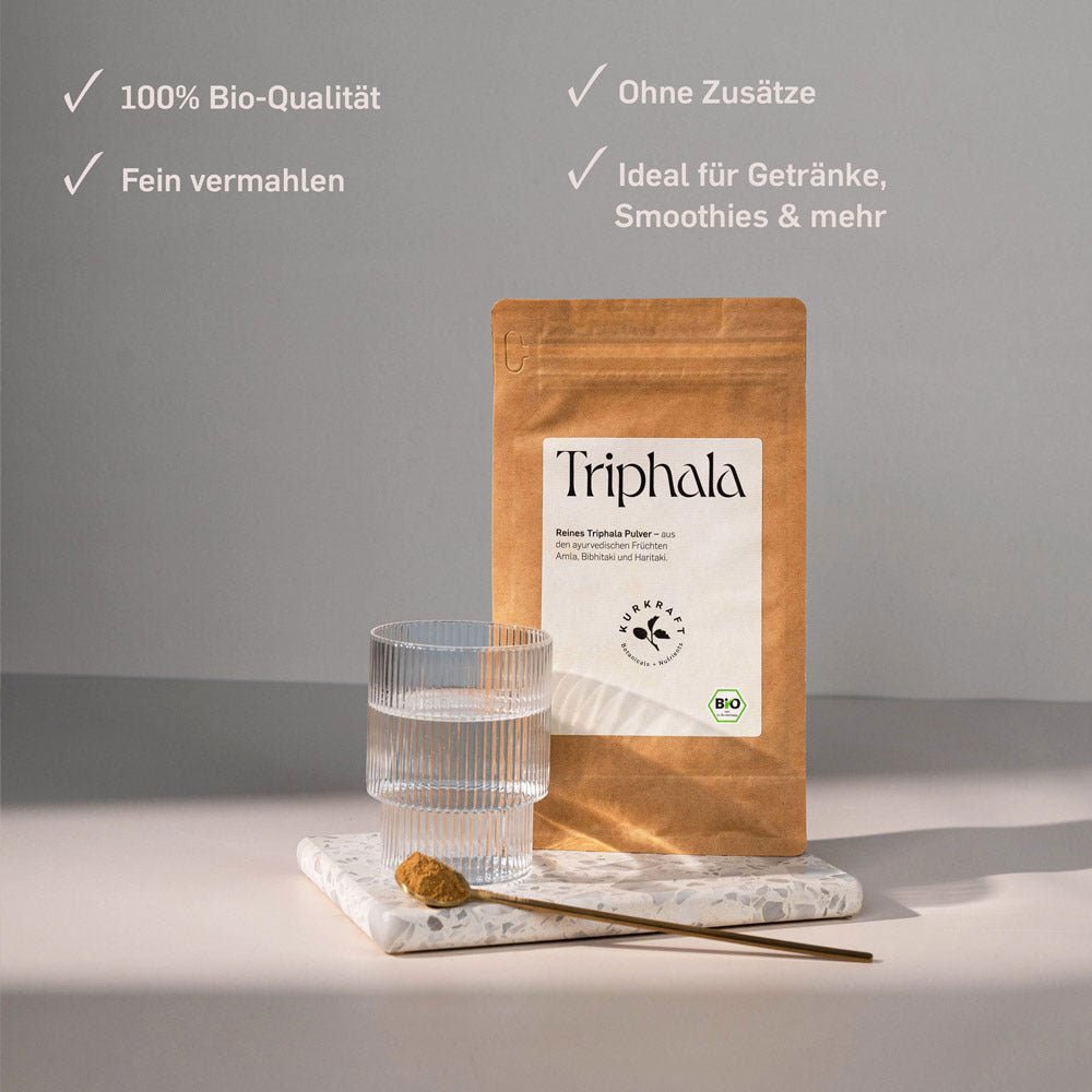 Eigenschaften Kurkraft Bio Triphala Pulver – Schattentrocknung, ohne Zusätze, vegan, laborgeprüft