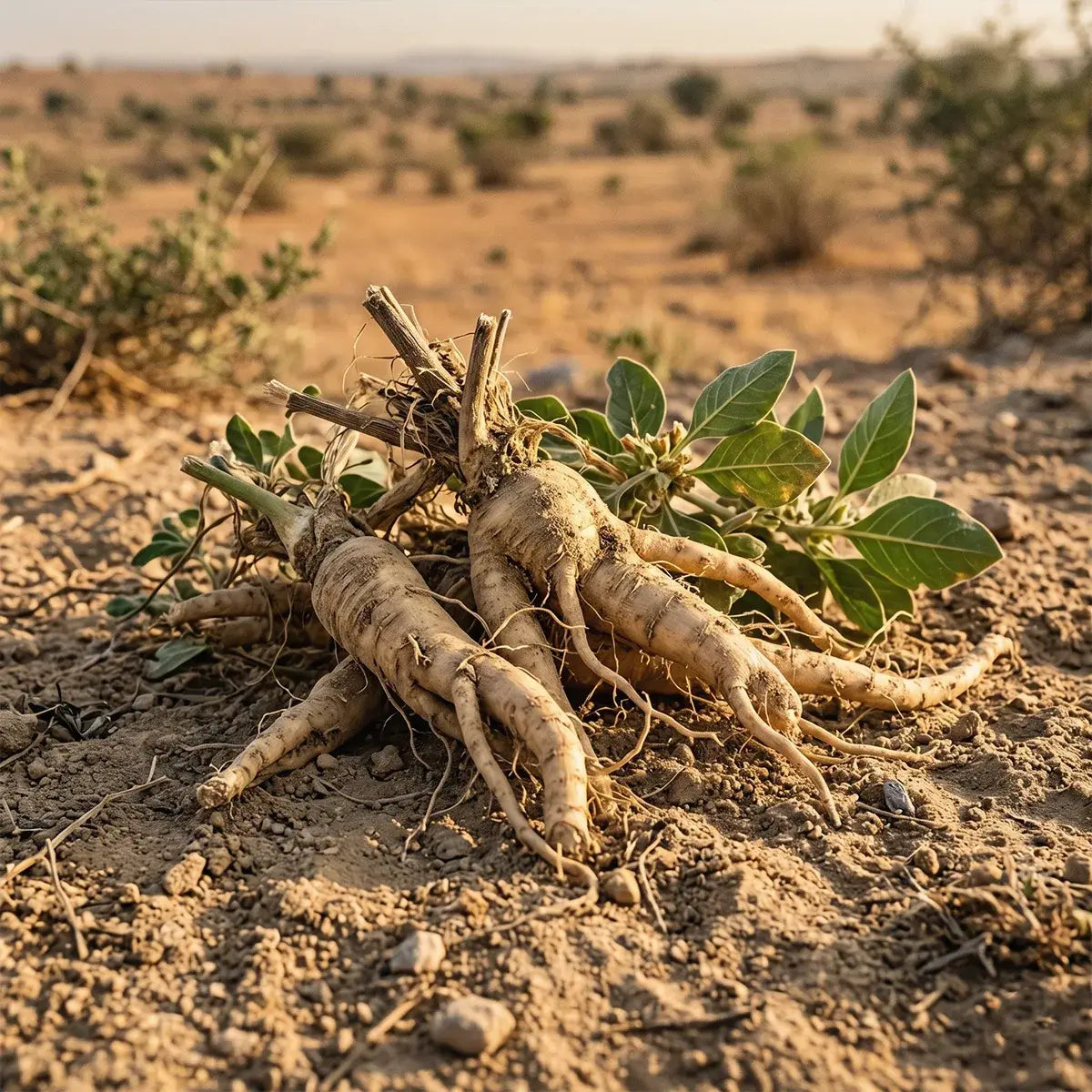 Ashwagandha-Wurzel und Pflanze aus biologischem Anbau in Rajasthan