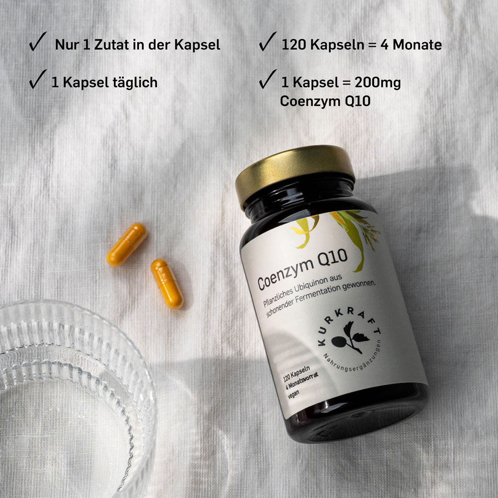 Kurkraft Q10 Dosierung – 1 Kapsel täglich mit 200 mg Coenzym Q10 aus Fermentation