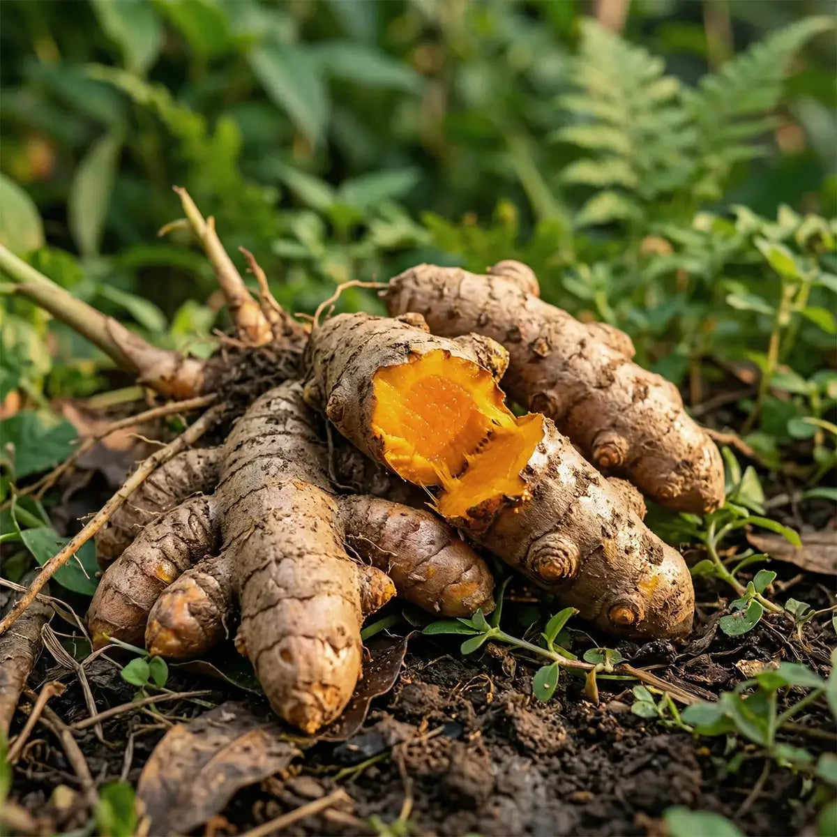 Kurkuma-Wurzel und goldgelbes Kurkuma-Extrakt-Pulver auf dunklem Untergrund
