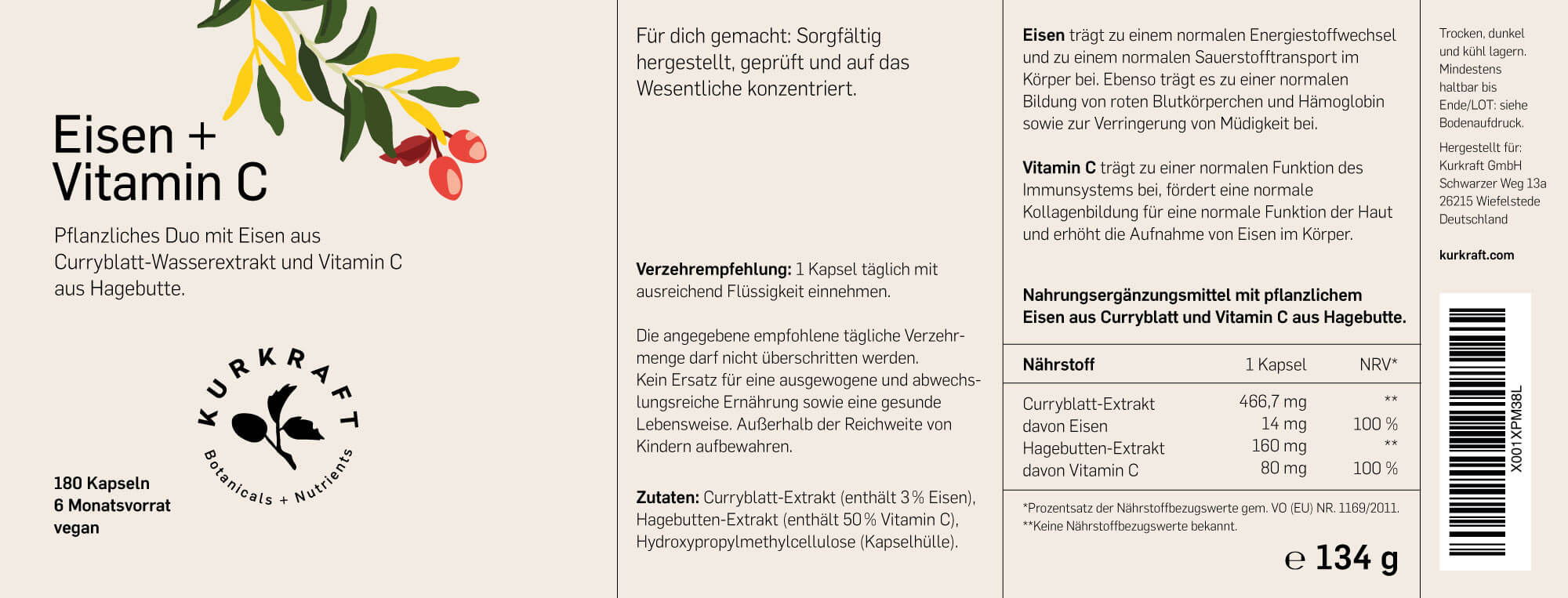 Kurkraft Eisen Kapseln Etikett – Nährwerte, Zutaten Curryblatt und Hagebutte, Verzehrempfehlung