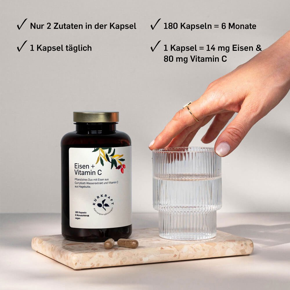 Kurkraft Eisen Dosierung – 14 mg Eisen plus 80 mg Vitamin C pro Kapsel, 180 Kapseln für 6 Monate