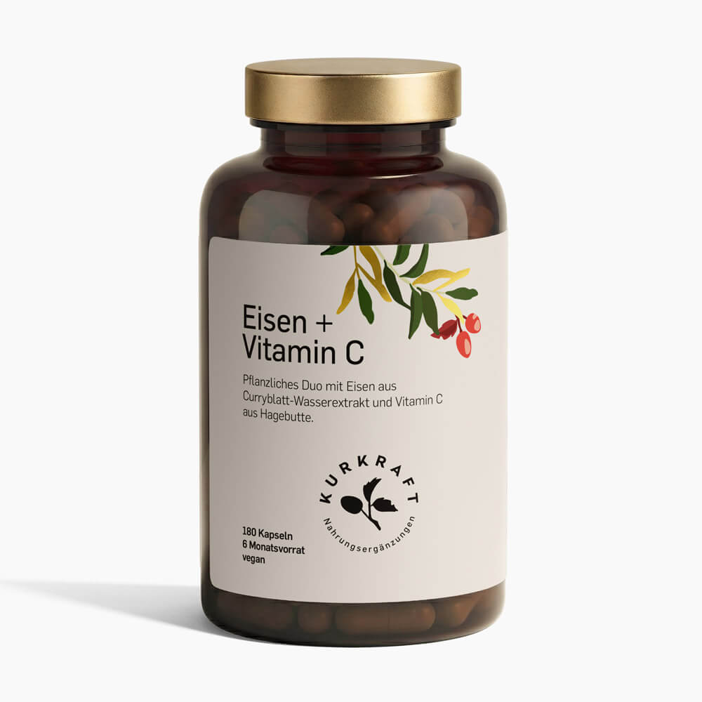 Kurkraft Eisen Kapseln 180 Stück – pflanzliches Eisen aus Curryblatt mit Vitamin C aus Hagebutte, vegan