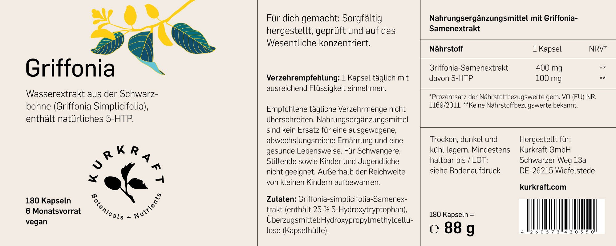 Kurkraft Griffonia 5-HTP Etikett – 400 mg Extrakt, 100 mg 5-HTP pro Kapsel, 180 Kapseln, vegan