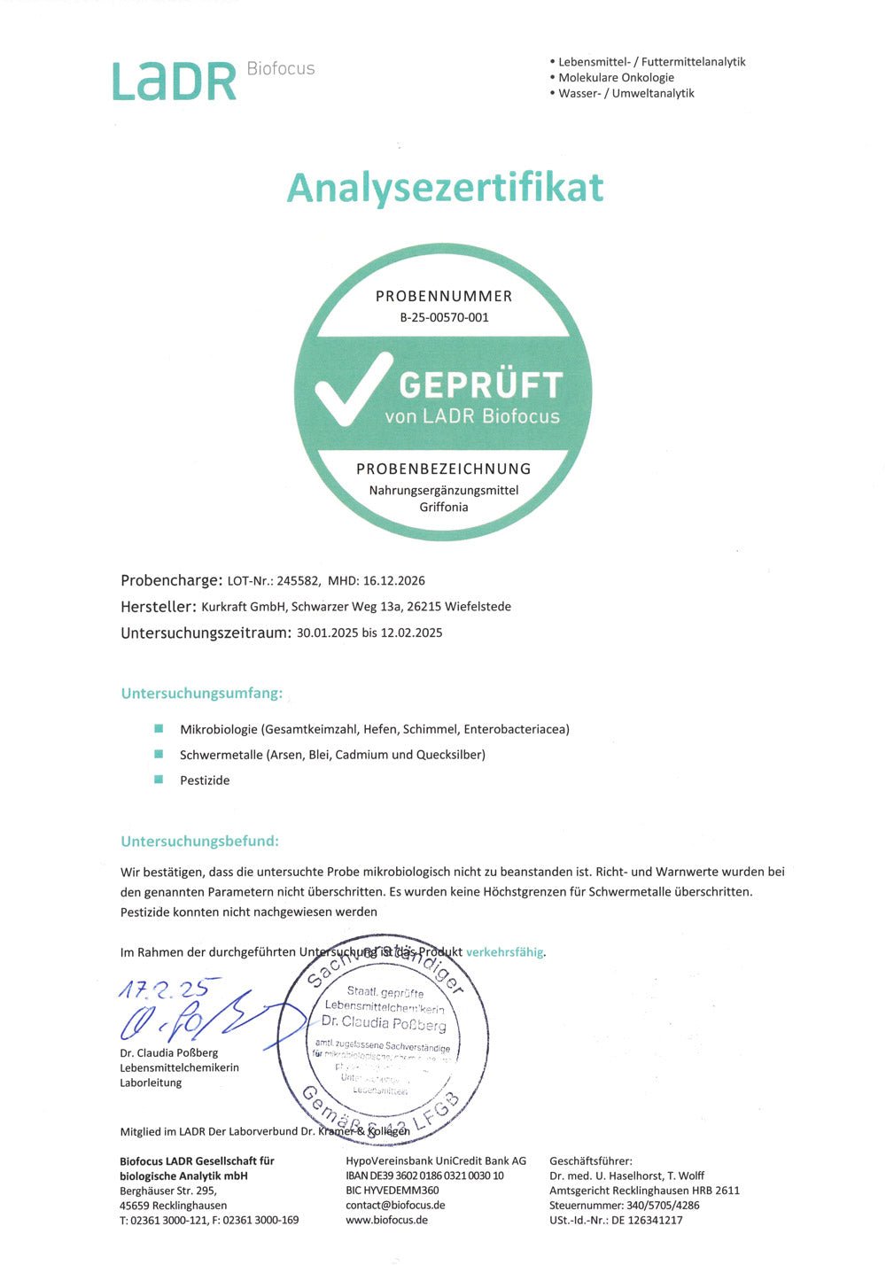 LADR Biofocus Analysezertifikat Kurkraft Griffonia 5-HTP – geprüft auf Schwermetalle und Pestizide