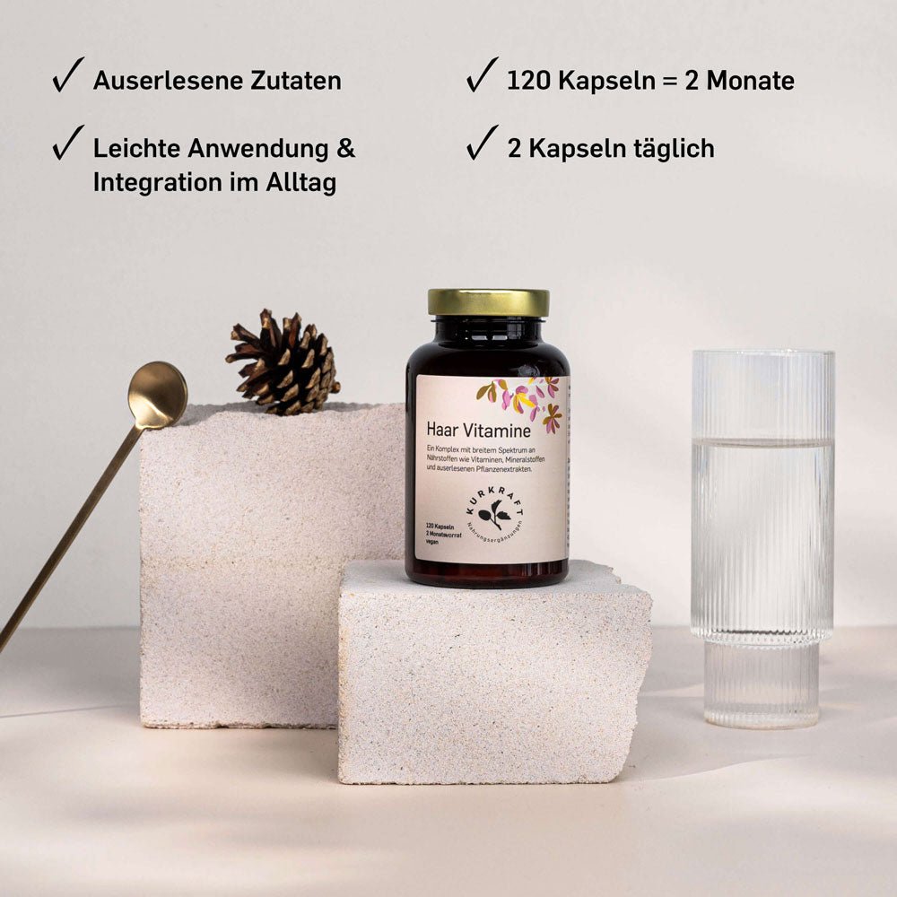 Kurkraft Haar Vitamine Dosierung – 120 Kapseln für 2 Monate, 2 Kapseln täglich, auserlesene Zutaten