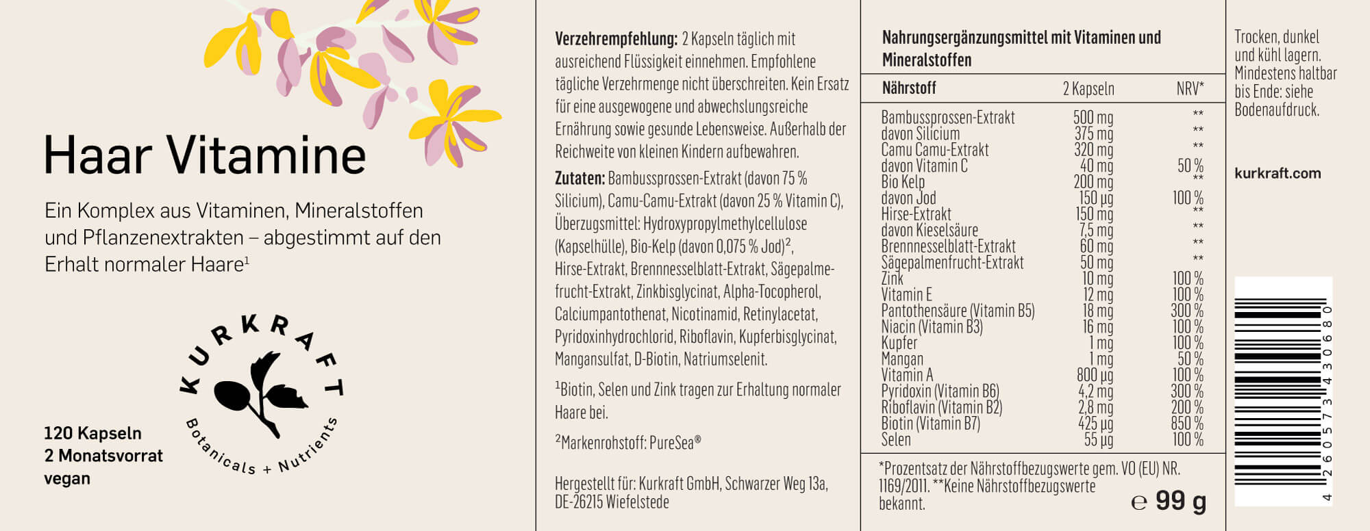 Kurkraft Haar Vitamine Etikett – Nährwerte, Zutaten mit Biotin, Silizium, Zink und Verzehrempfehlung