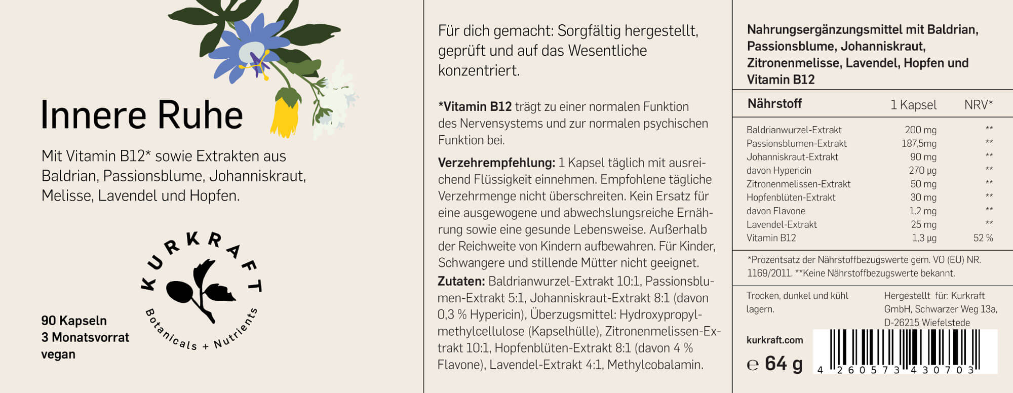Kurkraft Innere Ruhe Etikett – Zutaten mit Baldrian, Passionsblume, Johanniskraut, B12 Dosierung