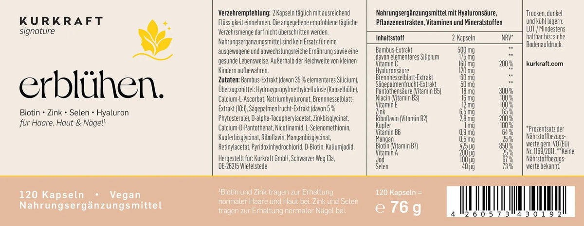 Etikett der erblühen Dose von KURKRAFT: Nährstofftabelle mit Zink, Selen und Bambus-Extrakt, Zutatenliste, Verzehrempfehlung, 120 vegane Kapseln.
