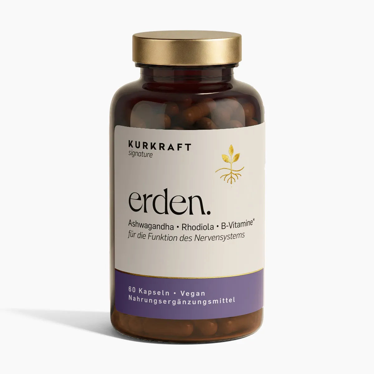 Ashwagandha Kapseln erden von KURKRAFT signature – Braunglas-Dose mit Golddeckel, 60 Stück, vegan, mit Rhodiola und B-Vitaminen.