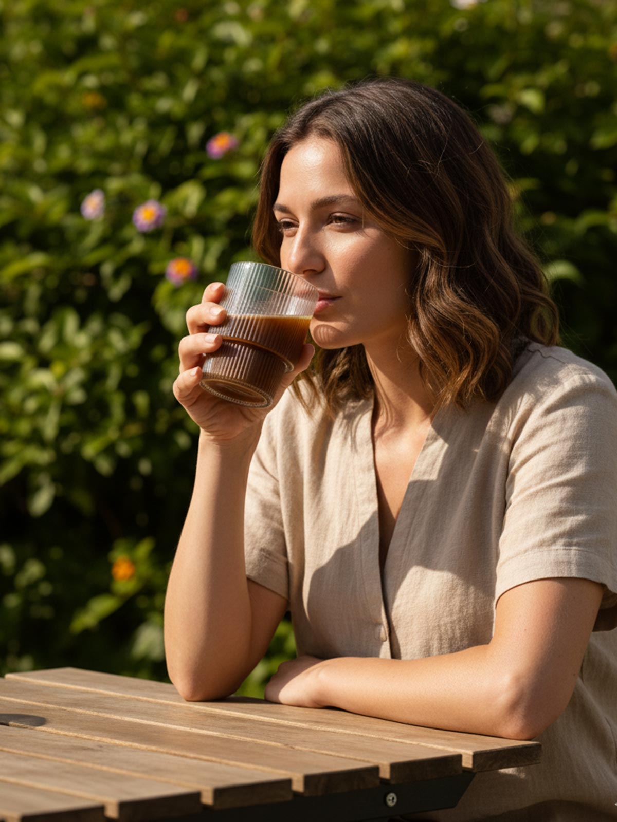 Frau genießt im Garten ein Glas mit Triphala Pulver-Getränk