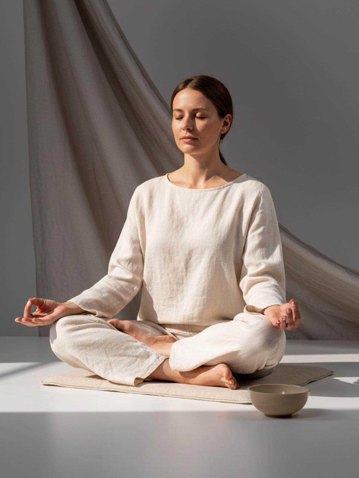 Frau sitzt entspannt im Schneidersitz und meditiert in natürlichem Licht – innere Balance mit Ashwagandha Pulver