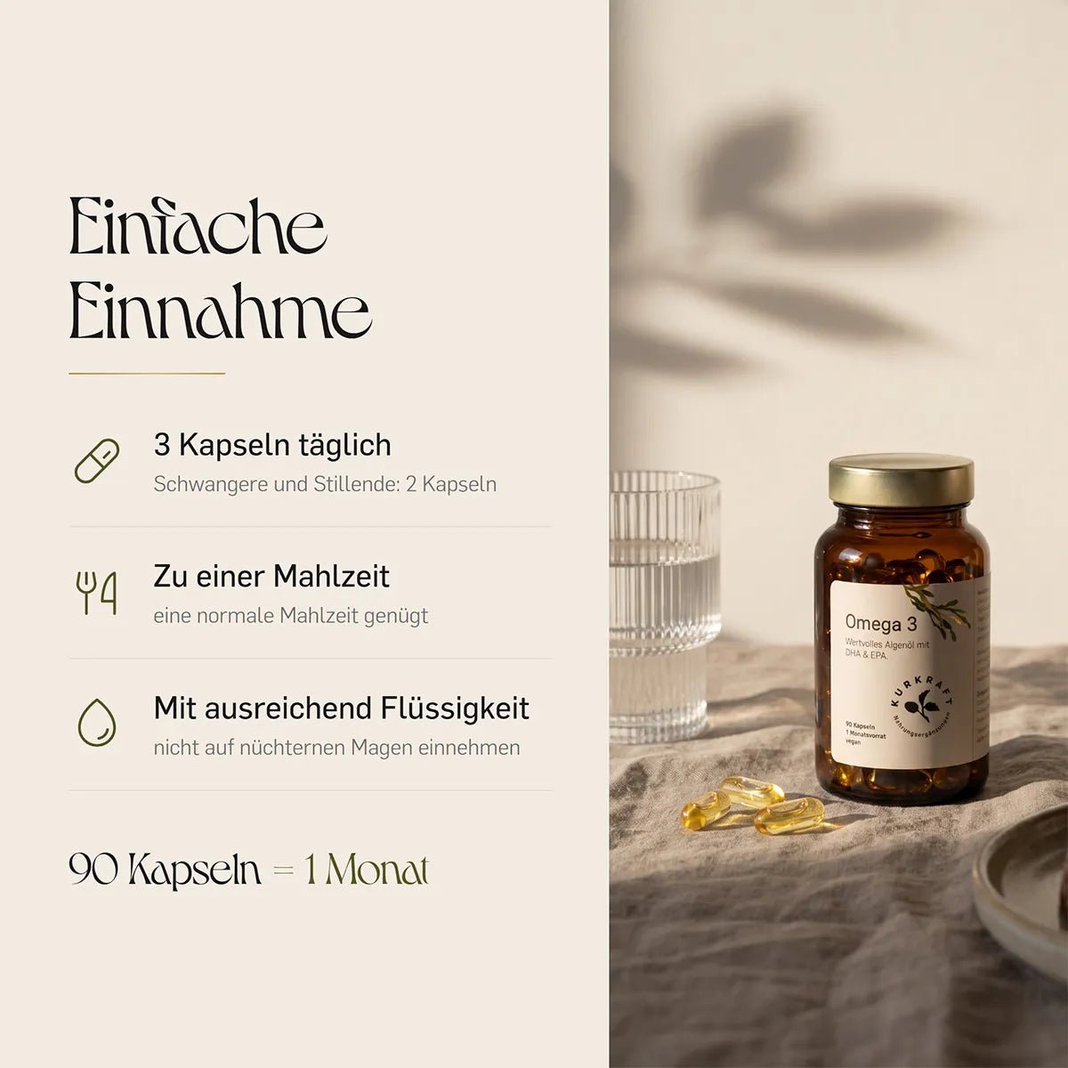 Omega 3 Kapseln von KURKRAFT – Einnahme: täglich 3 Stück zu einer Mahlzeit, nicht auf nüchternen Magen; Dose neben Wasserglas