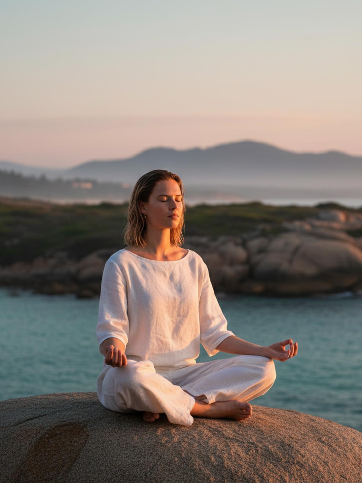 Frau meditiert in der Natur am Meer bei Sonnenuntergang – Symbol für innere Balance und Gesundheit mit Kurkraft Zink Kapseln.