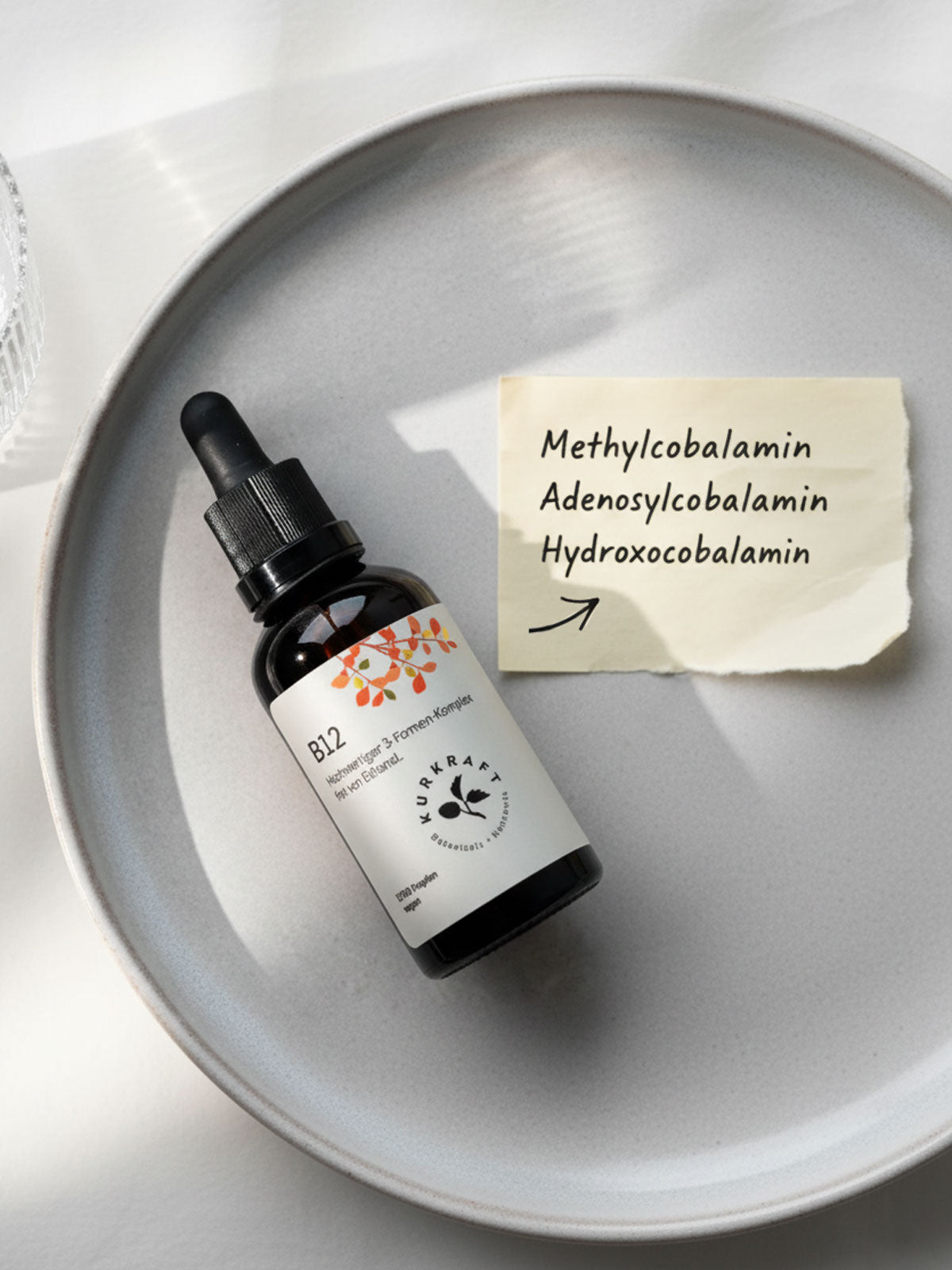 Kurkraft Vitamin-B12-Tropfen mit Hinweis auf Methylcobalamin, Adenosylcobalamin und Hydroxocobalamin