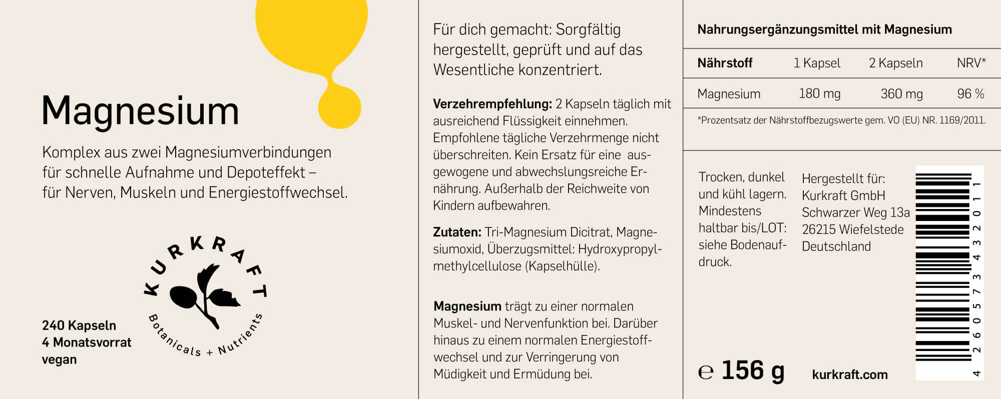 Kurkraft Magnesium Komplex Etikett – Nährwerte, Trimagnesium Dicitrat, Oxid, Verzehrempfehlung