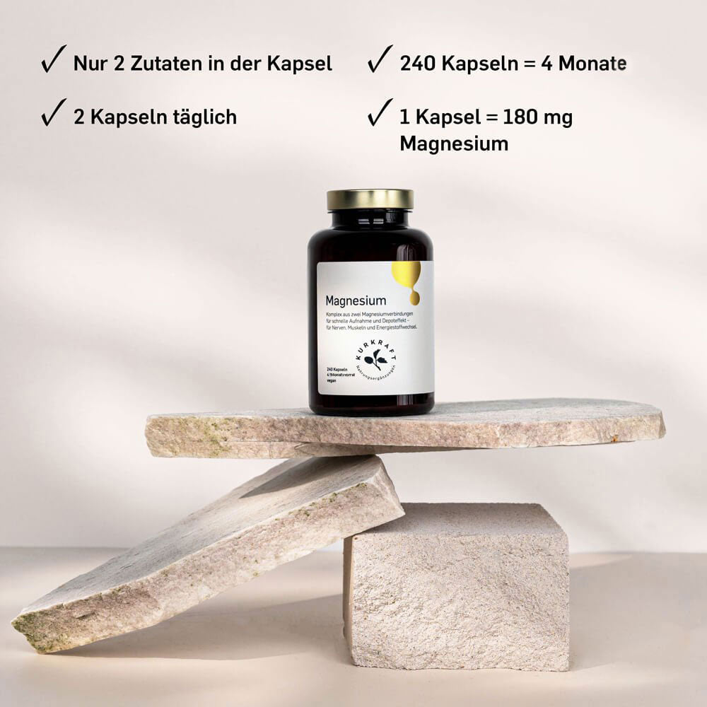 Kurkraft Magnesium Dosierung – 2 Kapseln täglich, 240 Kapseln für 4 Monate Vorrat