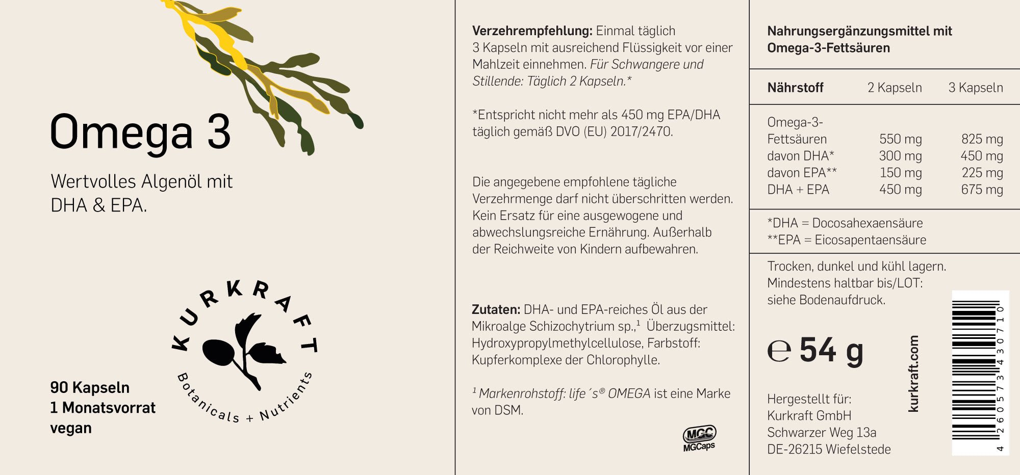 Kurkraft Omega 3 Algenöl Etikett – Nährwerte, DHA, EPA, Schizochytrium sp., Verzehrempfehlung