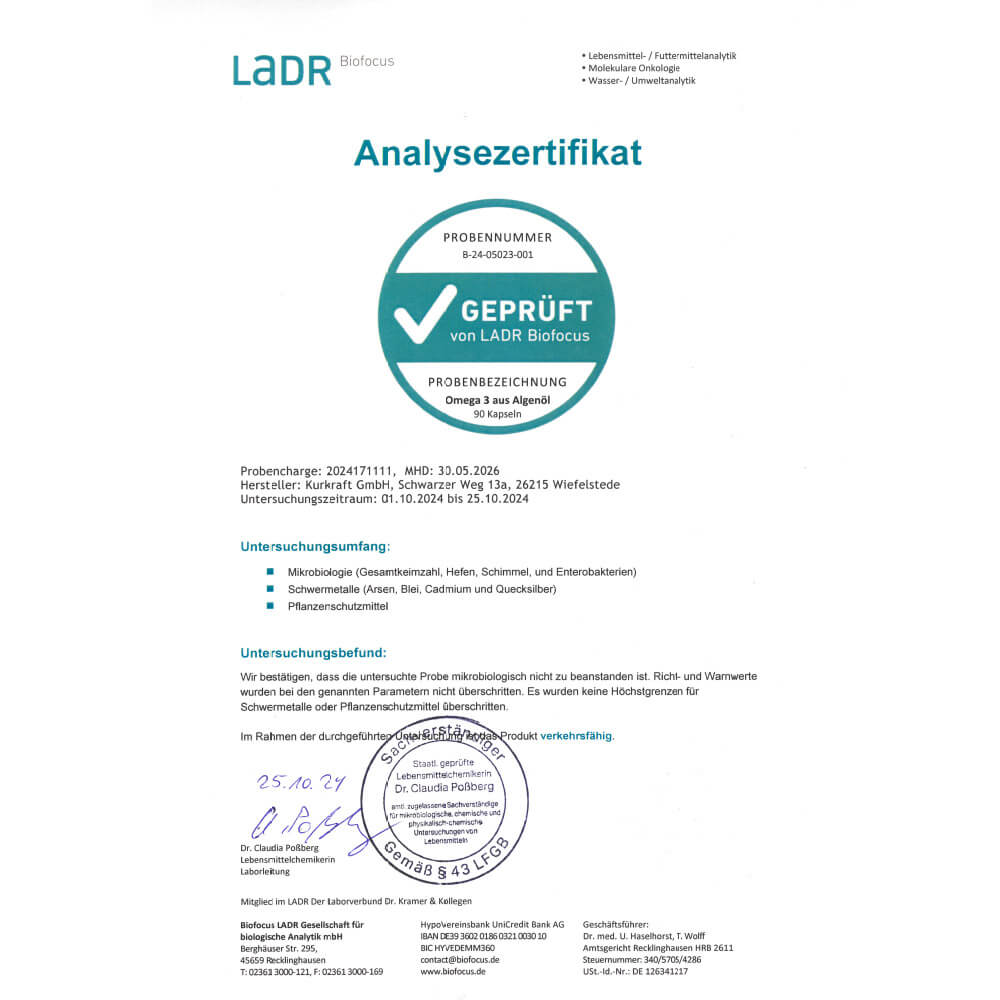 LADR Analysezertifikat für Kurkraft Omega 3 Algenöl – DHA- und EPA-Gehalt laborgeprüft in DE
