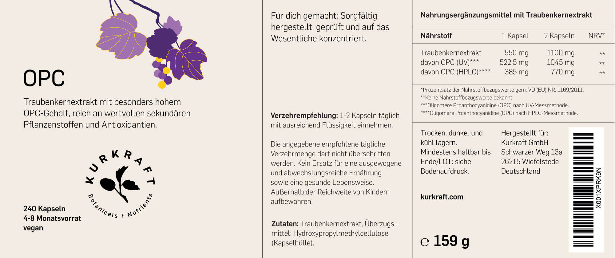 Kurkraft OPC Etikett – Nährwerte, 100% Traubenkernextrakt, OPC-Gehalt und Verzehrempfehlung