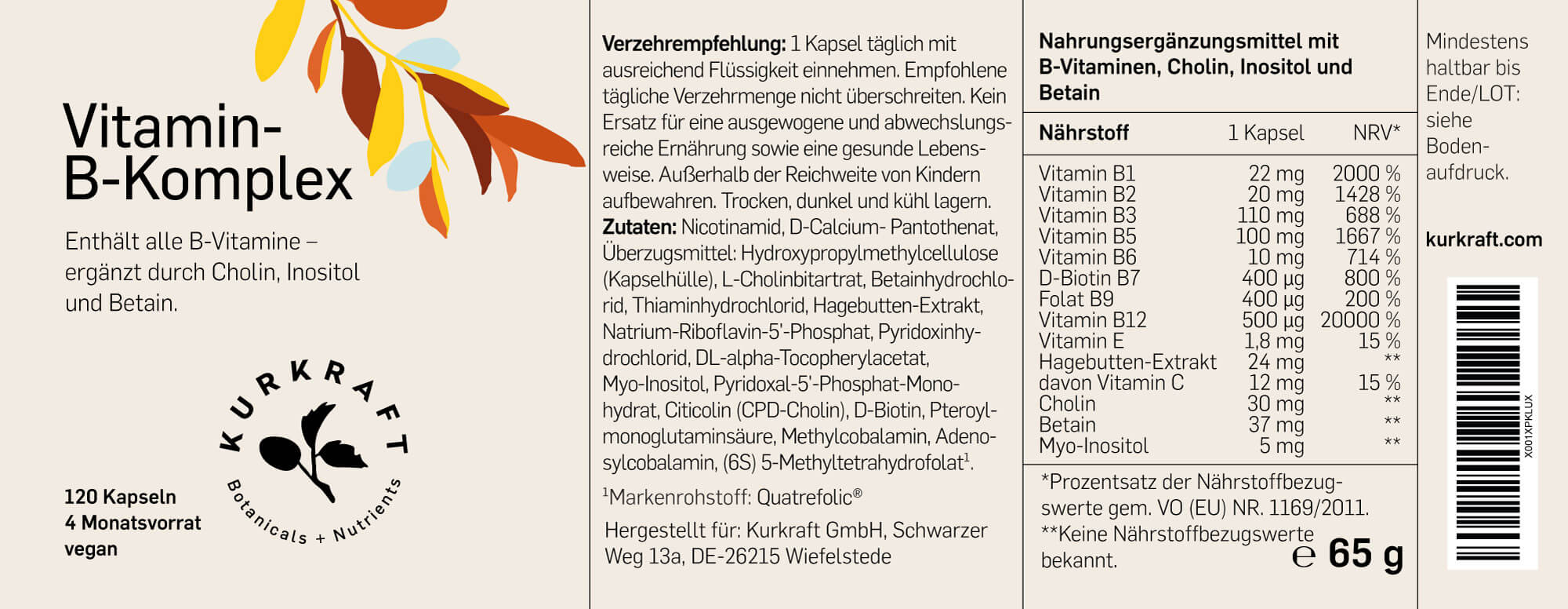 Kurkraft Vitamin B Komplex Etikett – Nährwerte, Zutaten mit B12, Folat Quatrefolic, Biotin