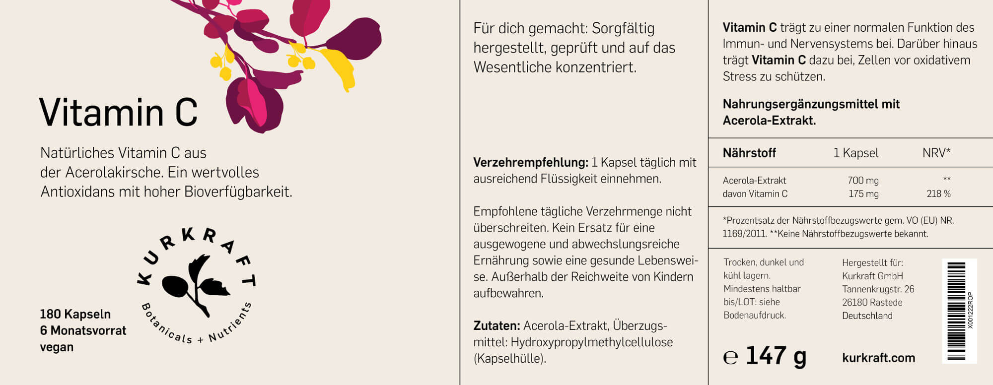 Kurkraft Vitamin C Acerola Etikett – Nährwerte, Acerola-Extrakt Zutaten und Verzehrempfehlung