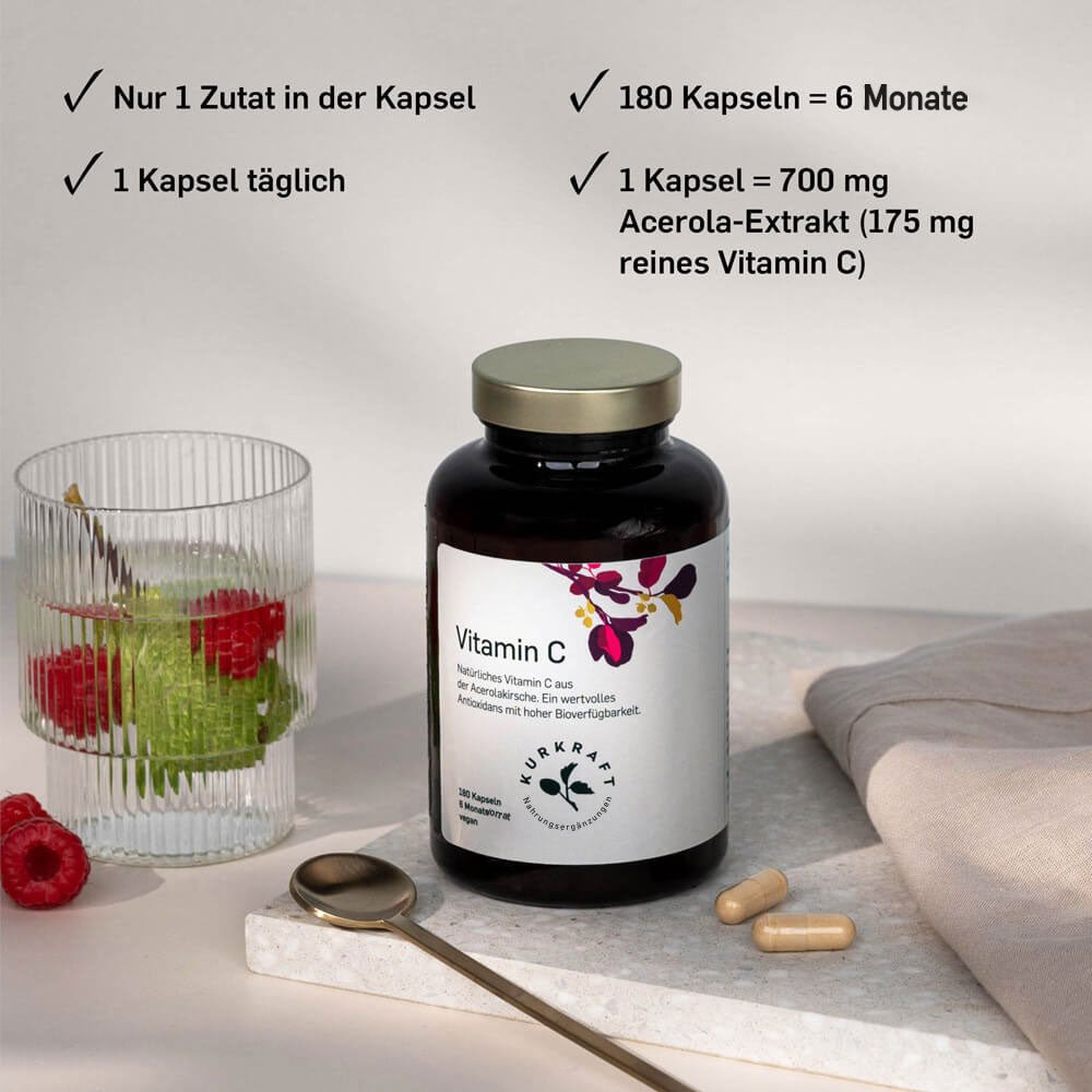 Kurkraft Vitamin C Dosierung – 700 mg Acerola-Extrakt pro Kapsel, 1 Kapsel täglich, 6 Monate