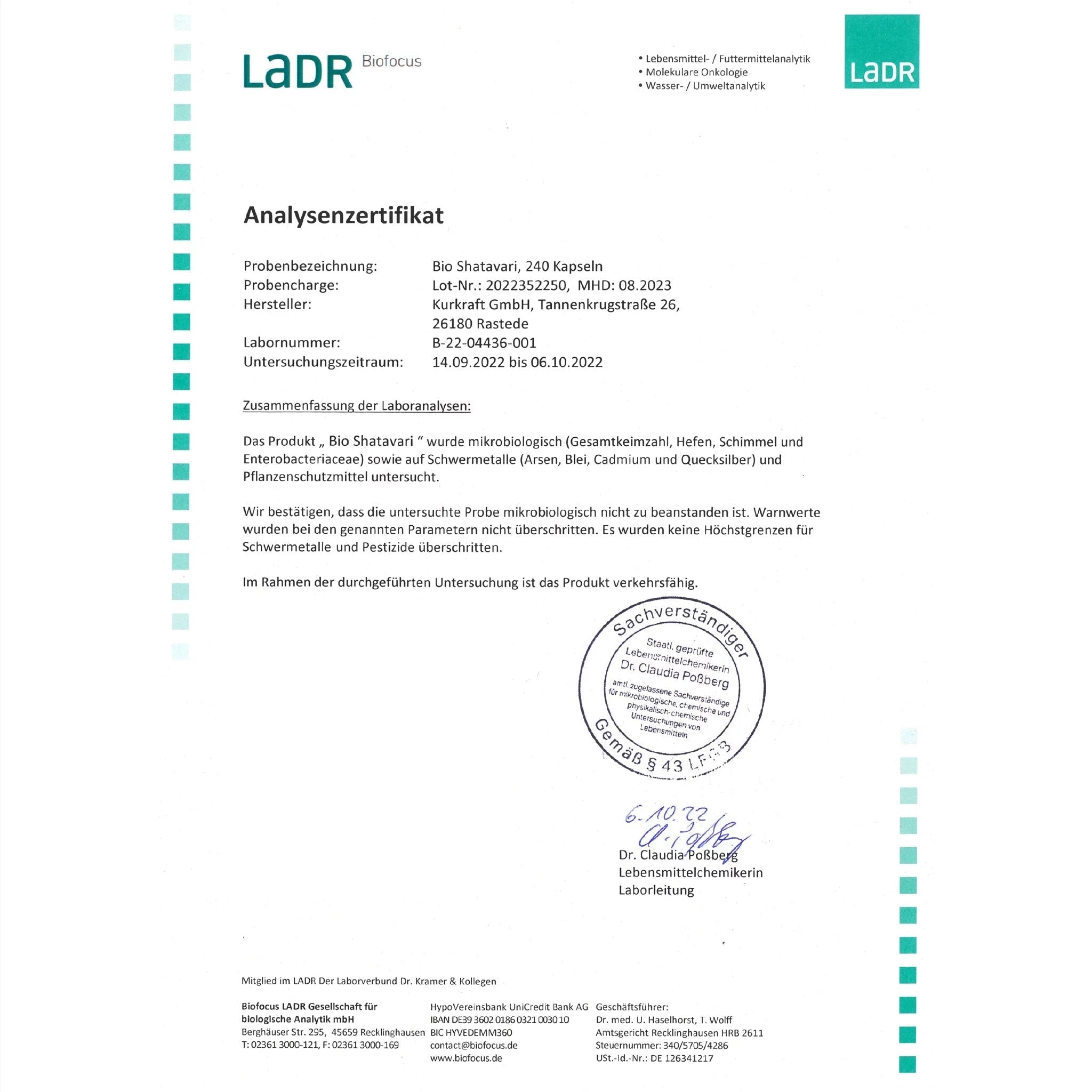 LADR Analysezertifikat für Kurkraft Bio Shatavari Kapseln – laborgeprüft und Bio-zertifiziert