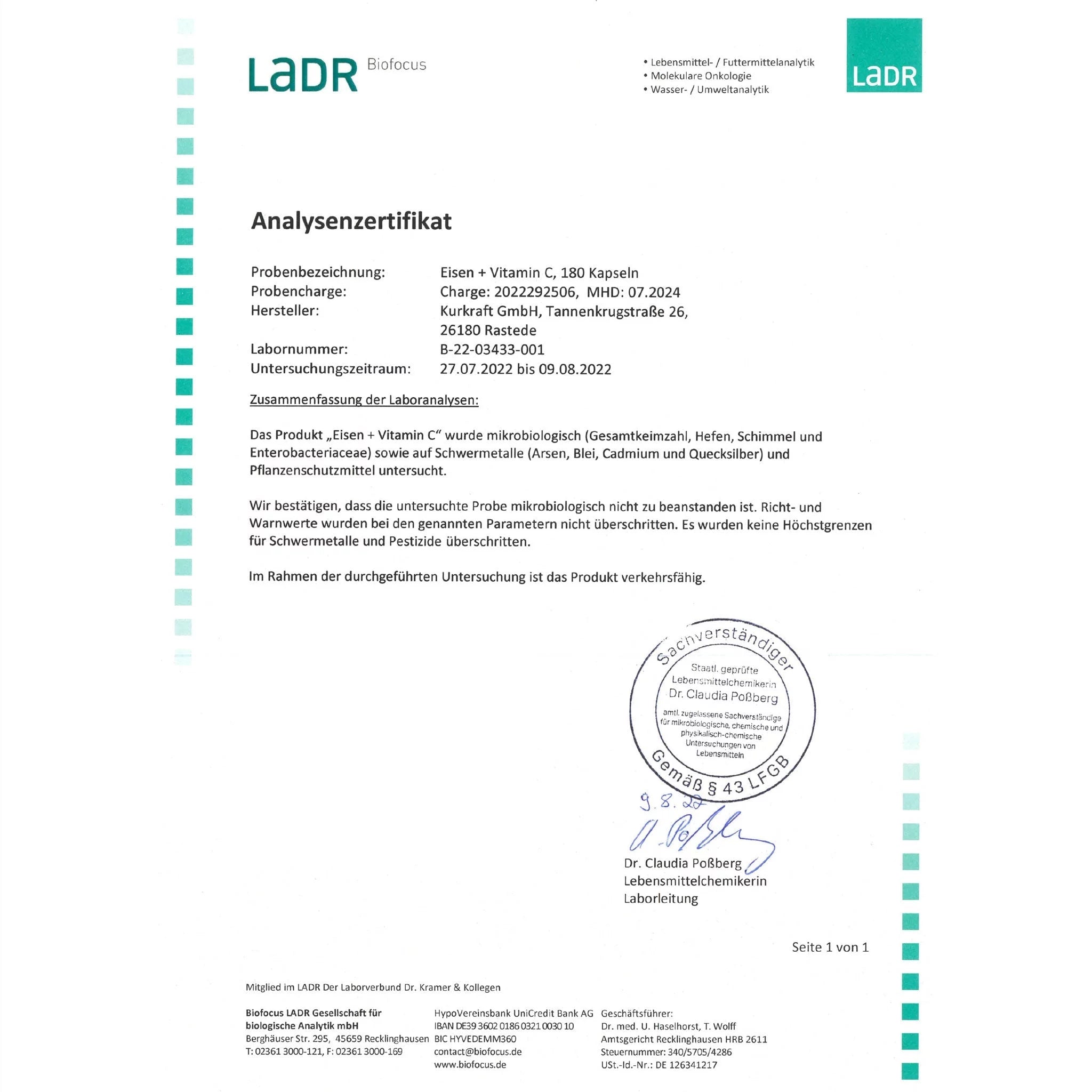 LADR Analysezertifikat für Kurkraft Eisen aus Curryblatt Kapseln – laborgeprüft in Deutschland