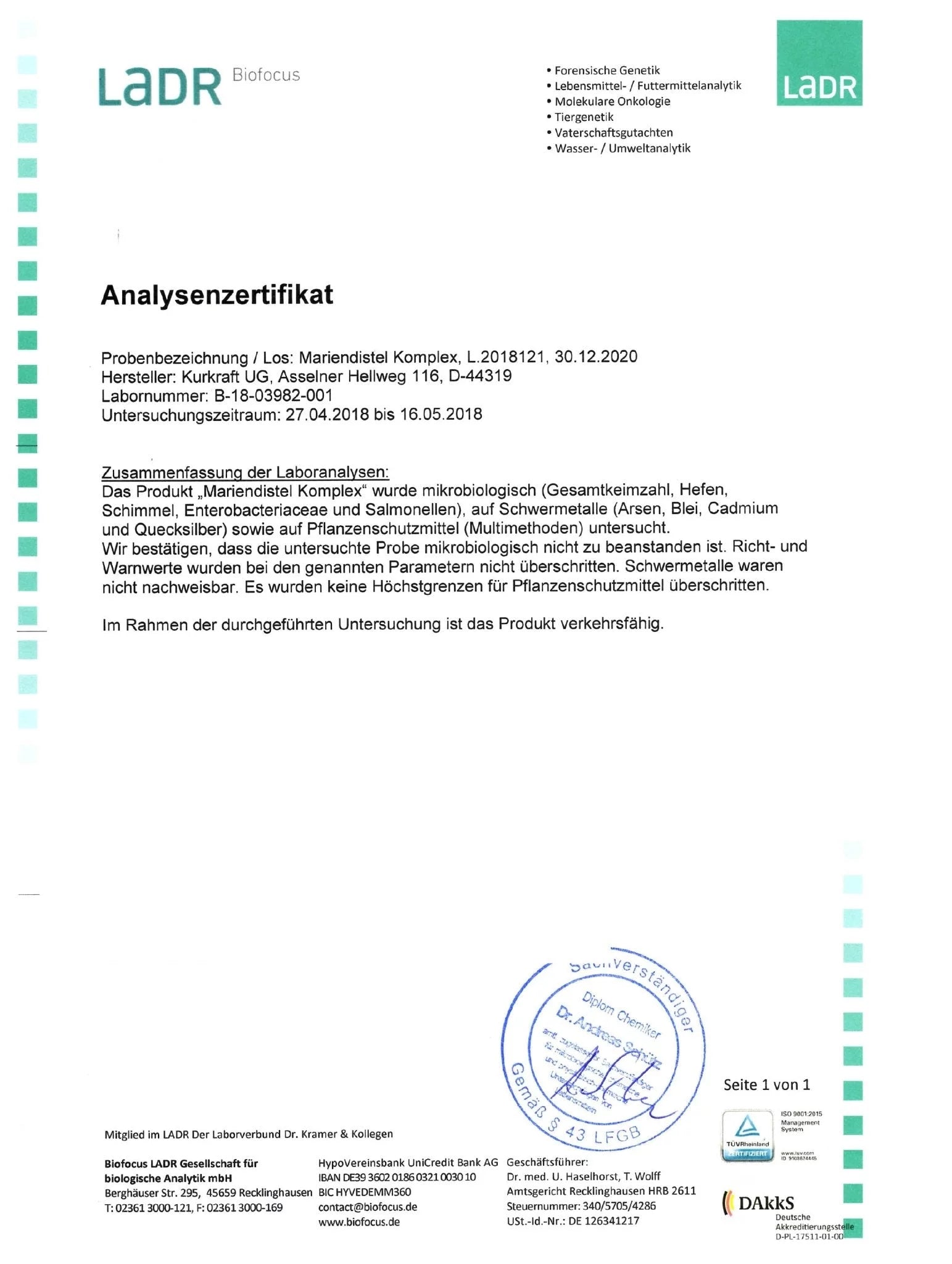 LADR Analysezertifikat für Kurkraft Mariendistel Komplex – Silymarin-Gehalt laborgeprüft