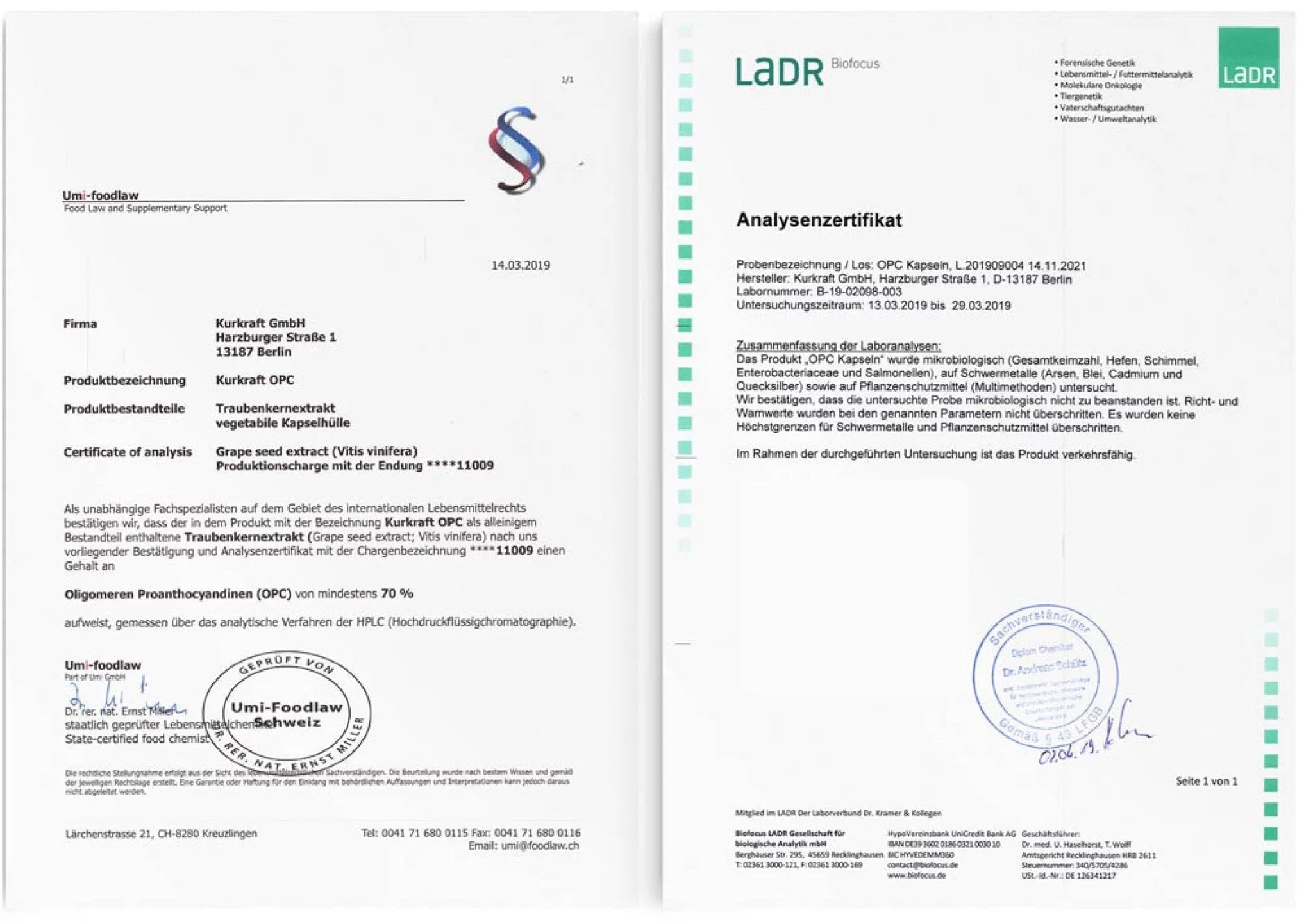 LADR Analysezertifikat für Kurkraft OPC Traubenkernextrakt – OPC-Gehalt laborgeprüft nach HPLC