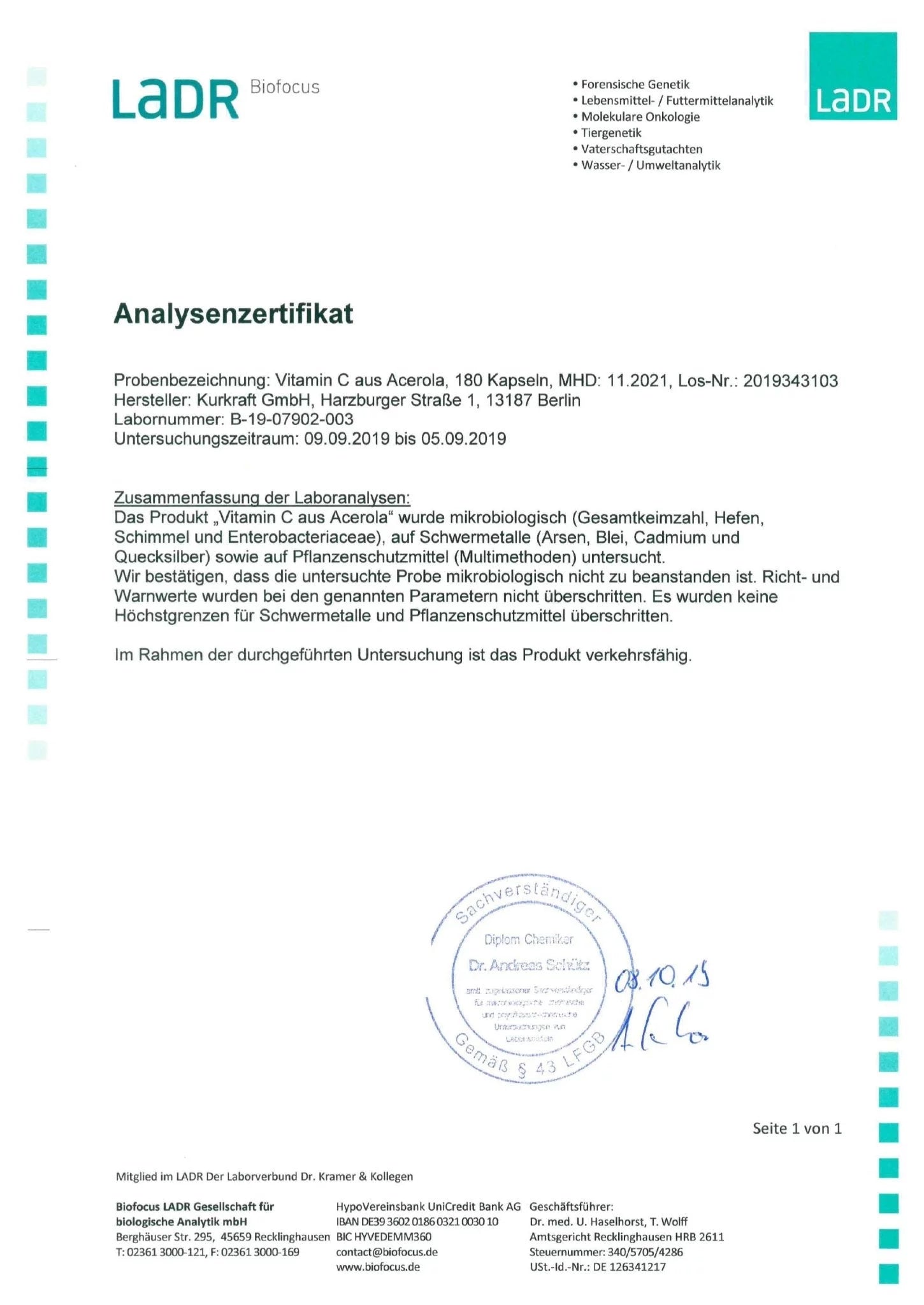 LADR Analysezertifikat für Kurkraft Vitamin C Acerola Kapseln – Vitamin-C-Gehalt laborgeprüft