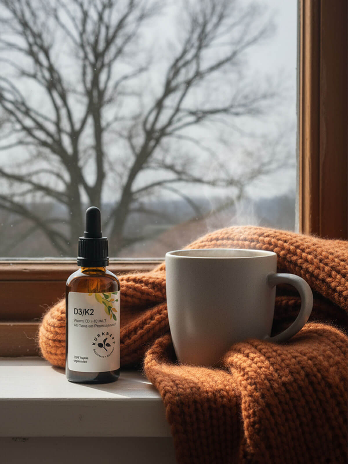 Vitamin D3 K2 Tropfen auf einer Fensterbank im Winter