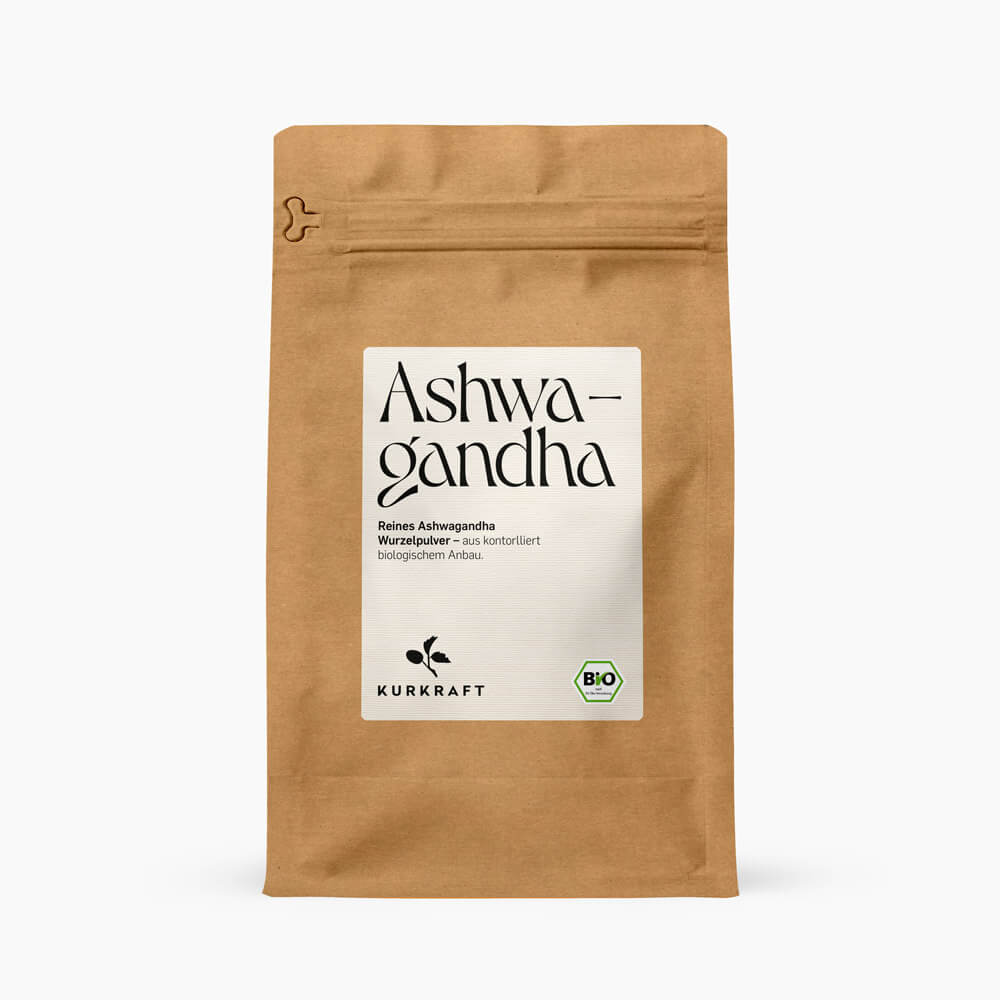 BIO ASHWAGANDHA PULVER - Kurkraft - Bio Ashwagandha Pulver – Frontansicht der Verpackung von Kurkraft