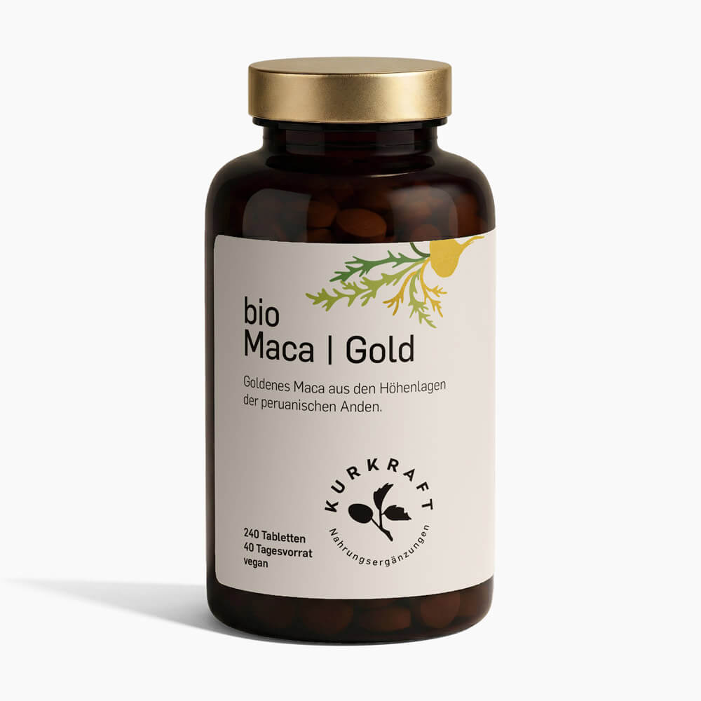 BIO MACA GOLD - Kurkraft - Bio Maca Gold Tabletten – Frontansicht der Verpackung von Kurkraft