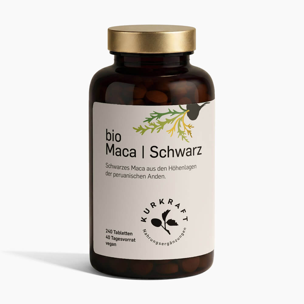 BIO MACA SCHWARZ - Kurkraft - Bio Maca Schwarz Tabeltten – Frontansicht der Verpackung von Kurkraft