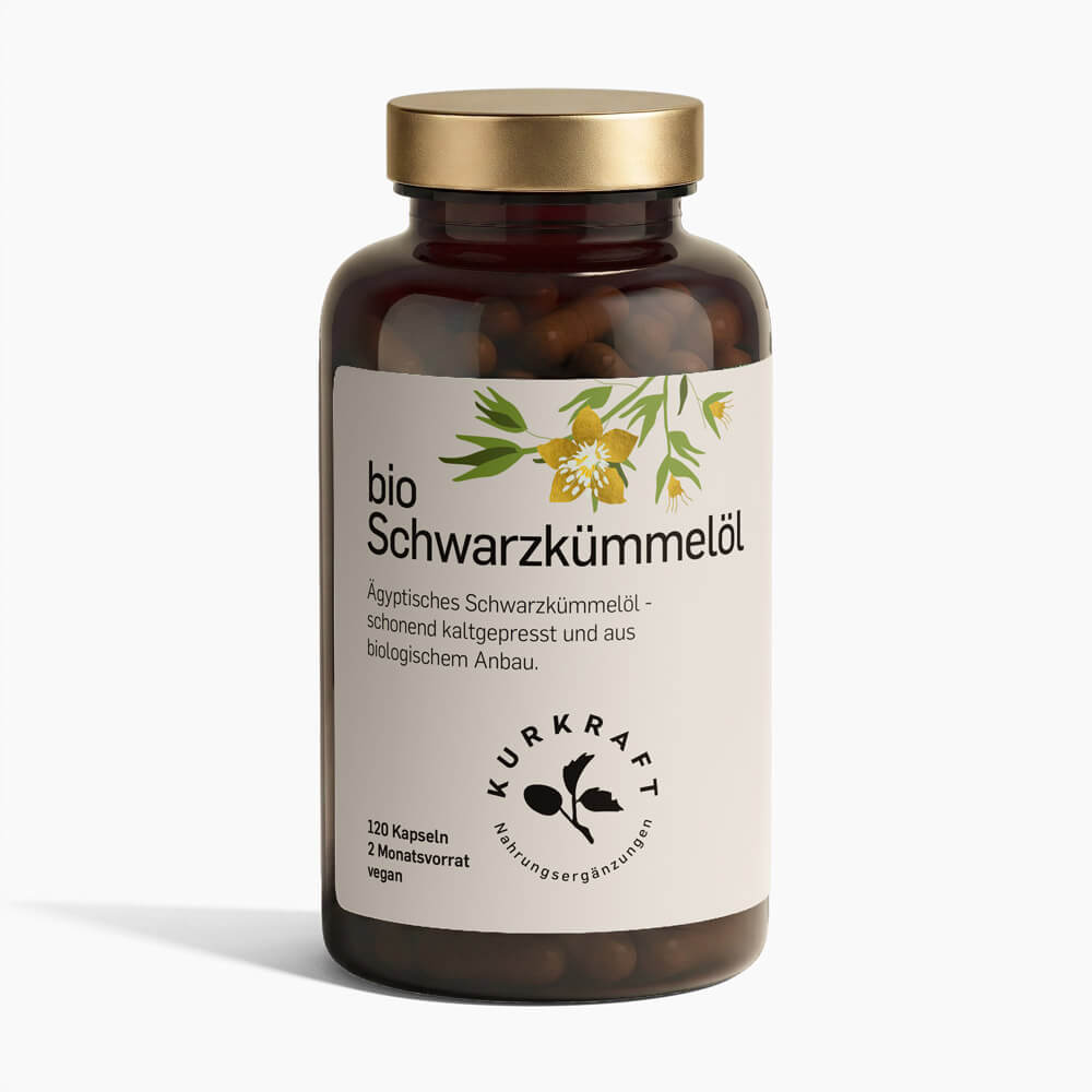 Kurkraft Bio Schwarzkümmelöl Kapseln 120 Stück – kaltgepresst aus Ägypten, 2,45% Thymoquinon, vegan