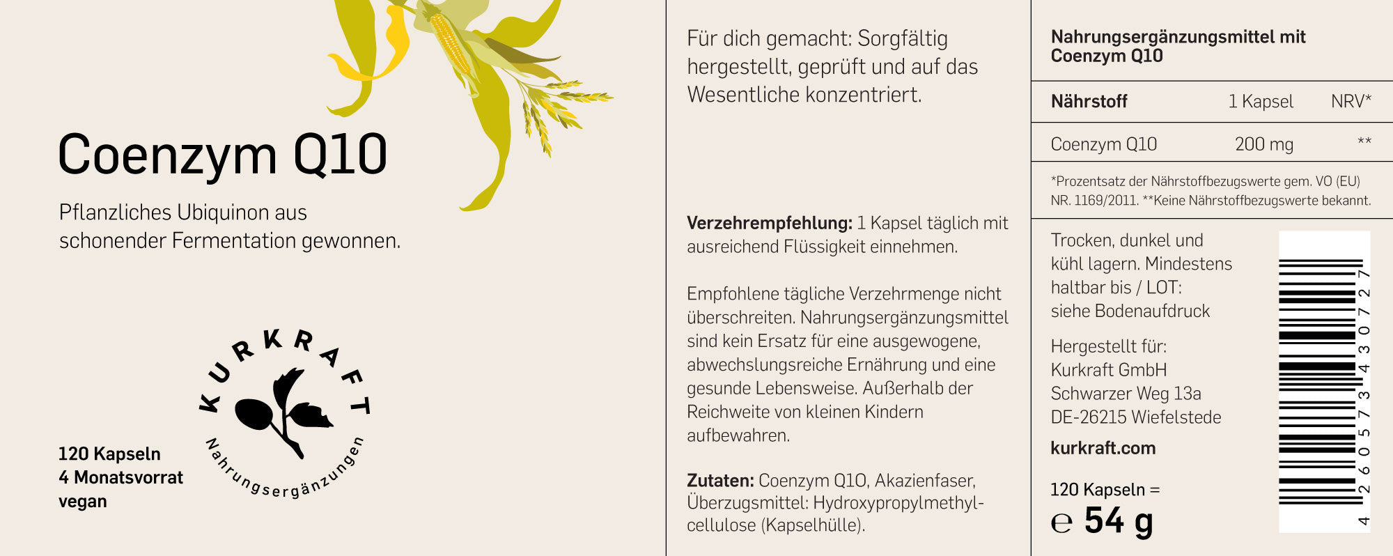 Kurkraft Coenzym Q10 Etikett – Nährwertangaben, Ubiquinon, Verzehrempfehlung, vegan