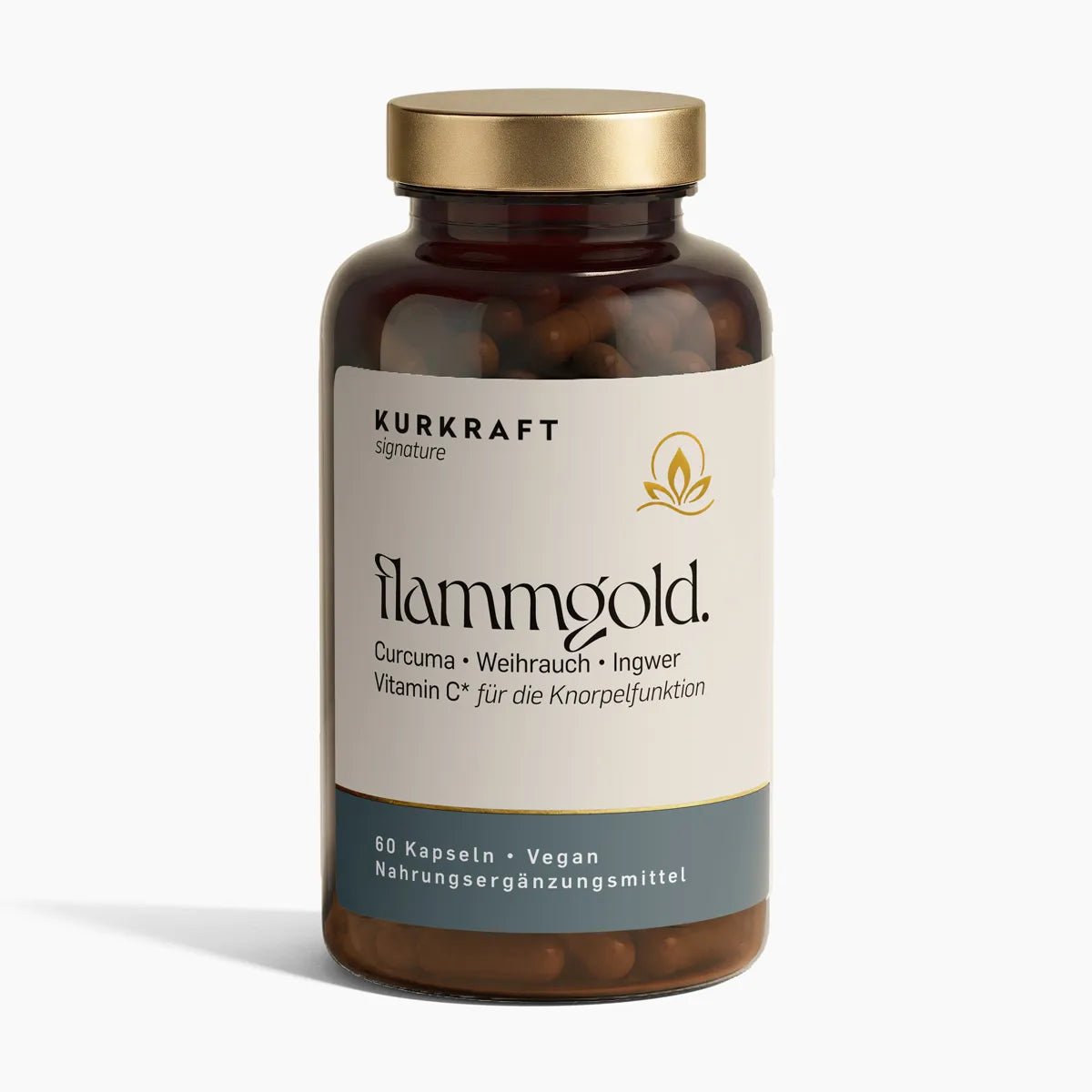 Kurkuma Weihrauch Kapseln flammgold von KURKRAFT signature – Braunglas-Dose mit Golddeckel, 60 Stück, vegan, mit Ingwer und Vitamin C.
