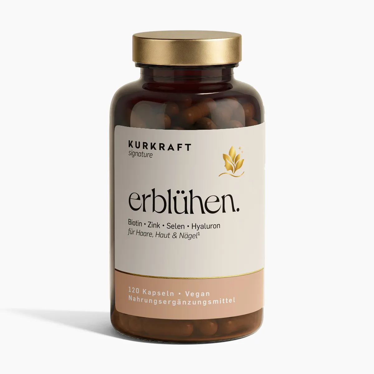 Haut Haare Nägel Kapseln erblühen von KURKRAFT signature – Braunglas-Dose mit Golddeckel, Biotin, Zink, Selen und Hyaluron, vegan