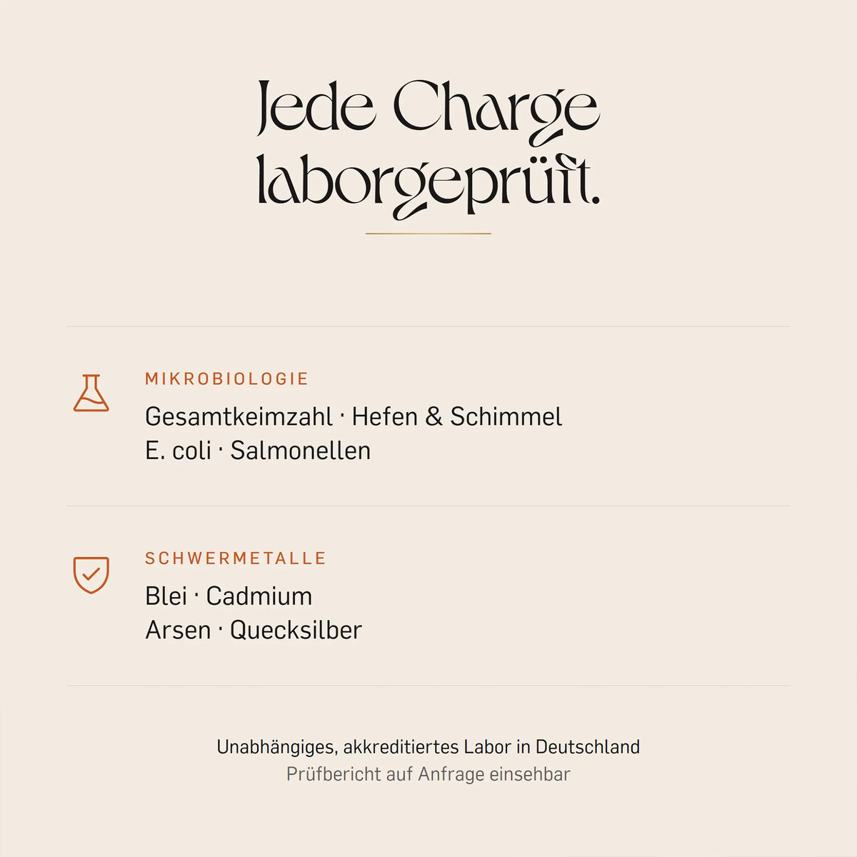Jede Charge laborgeprüft – Mikrobiologie: Gesamtkeimzahl, Hefen, Schimmel, E. coli, Salmonellen; Schwermetalle: Blei, Cadmium, Arsen, Quecksilber. Unabhängiges Labor in Deutschland.