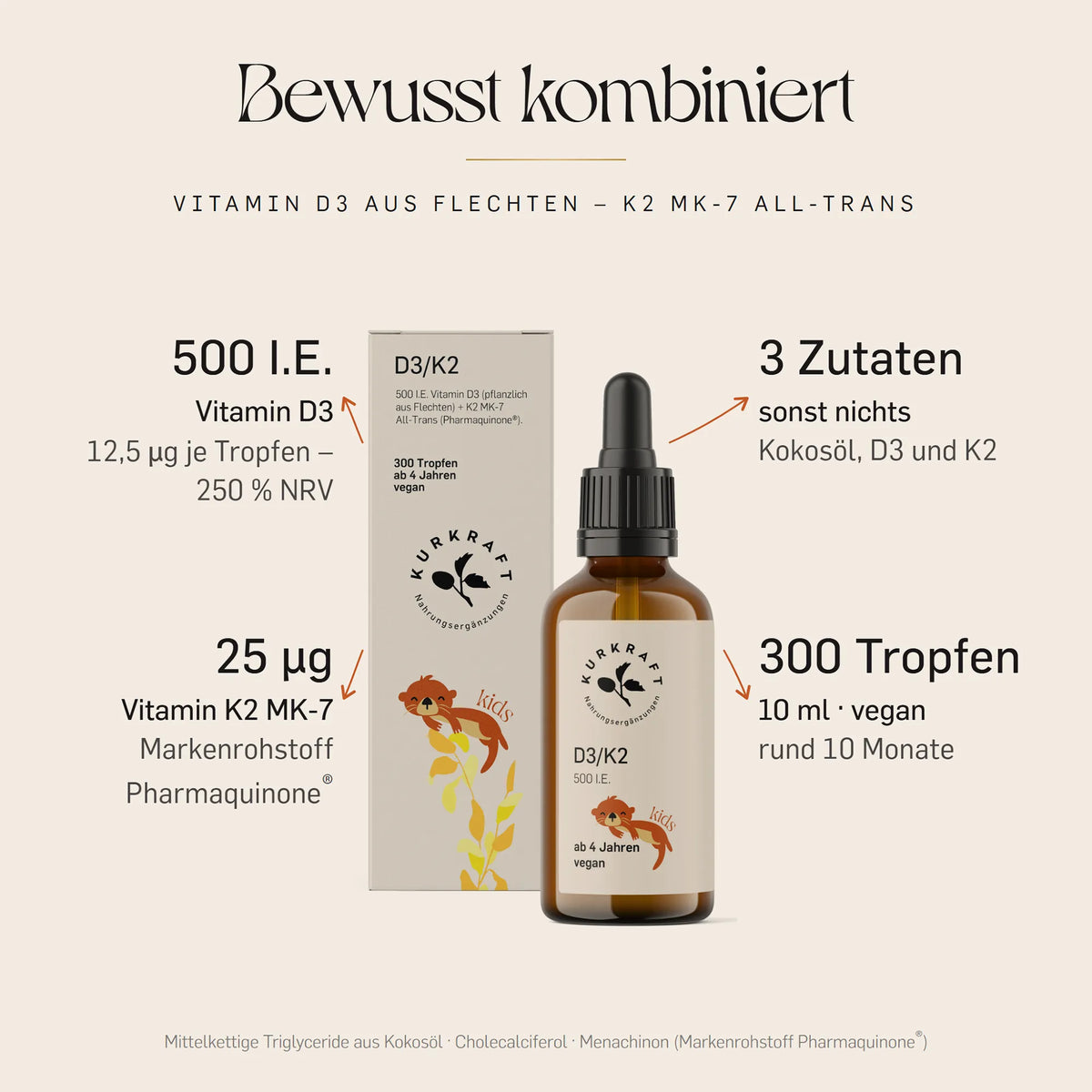 Vitamin D3 K2 Kinder-Tropfen von KURKRAFT: 500 I.E. aus Flechten, 25 µg MK-7 All-Trans je Tagesdosis, nur drei Zutaten, vegan, ab 4 Jahren.